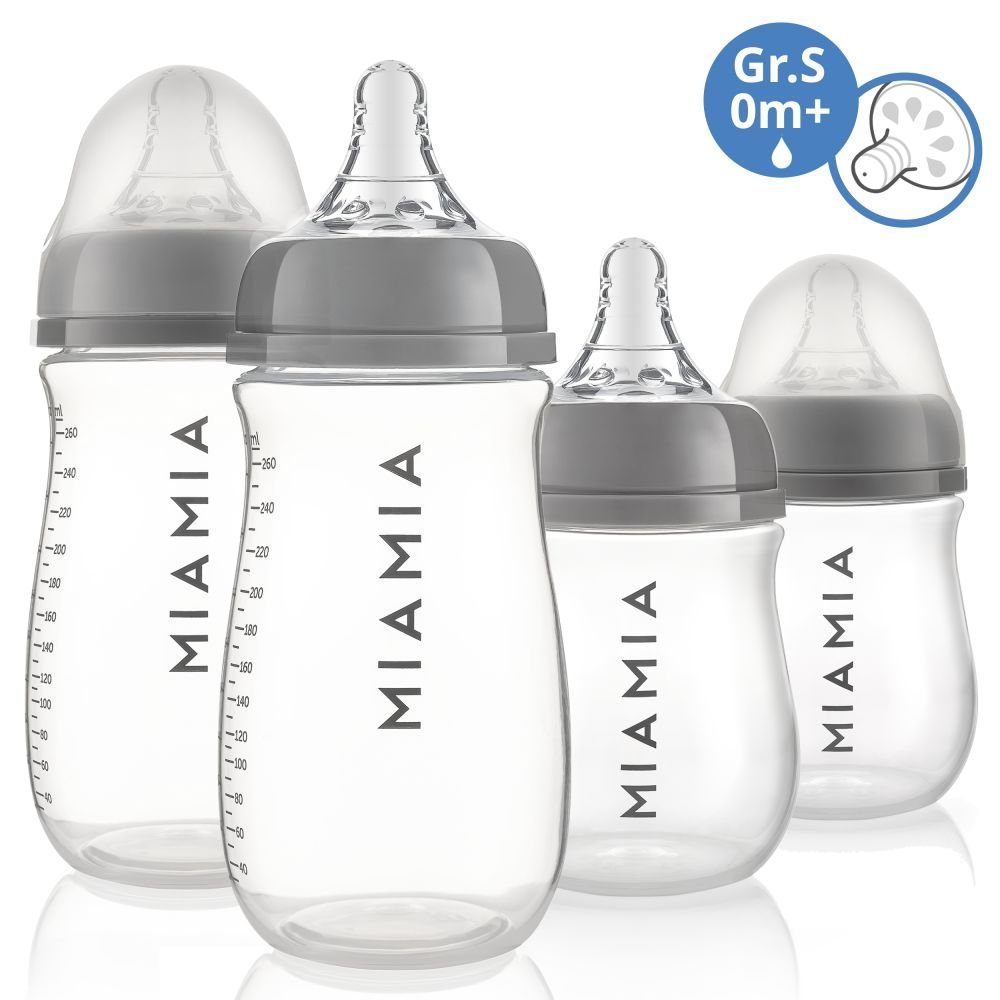 MiaMia Babyflasche PP-Flasche - Grau, 4er Pack Babyflasche 140 ml & 260ml + Silikon-Trinksauger Größe S | Babyflaschen
