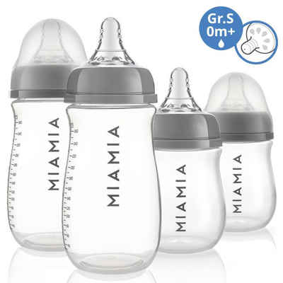 MiaMia Babyflasche PP-Flasche - Grau, 4er Pack Babyflasche 140 ml & 260ml + Silikon-Trinksauger Größe S