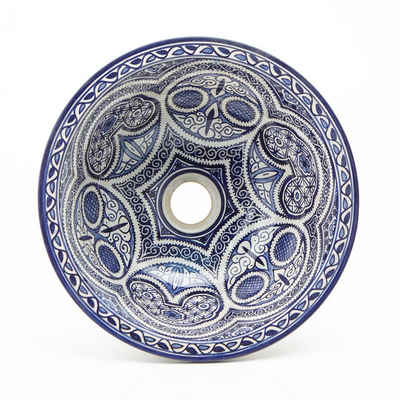 Casa Moro Waschbecken Mediterranes Keramik Waschbecken Fes69 blau weiß Ø 35 cm (handbemalt & handgetöpfert), Kunsthandwerk aus Marokko, WB35269