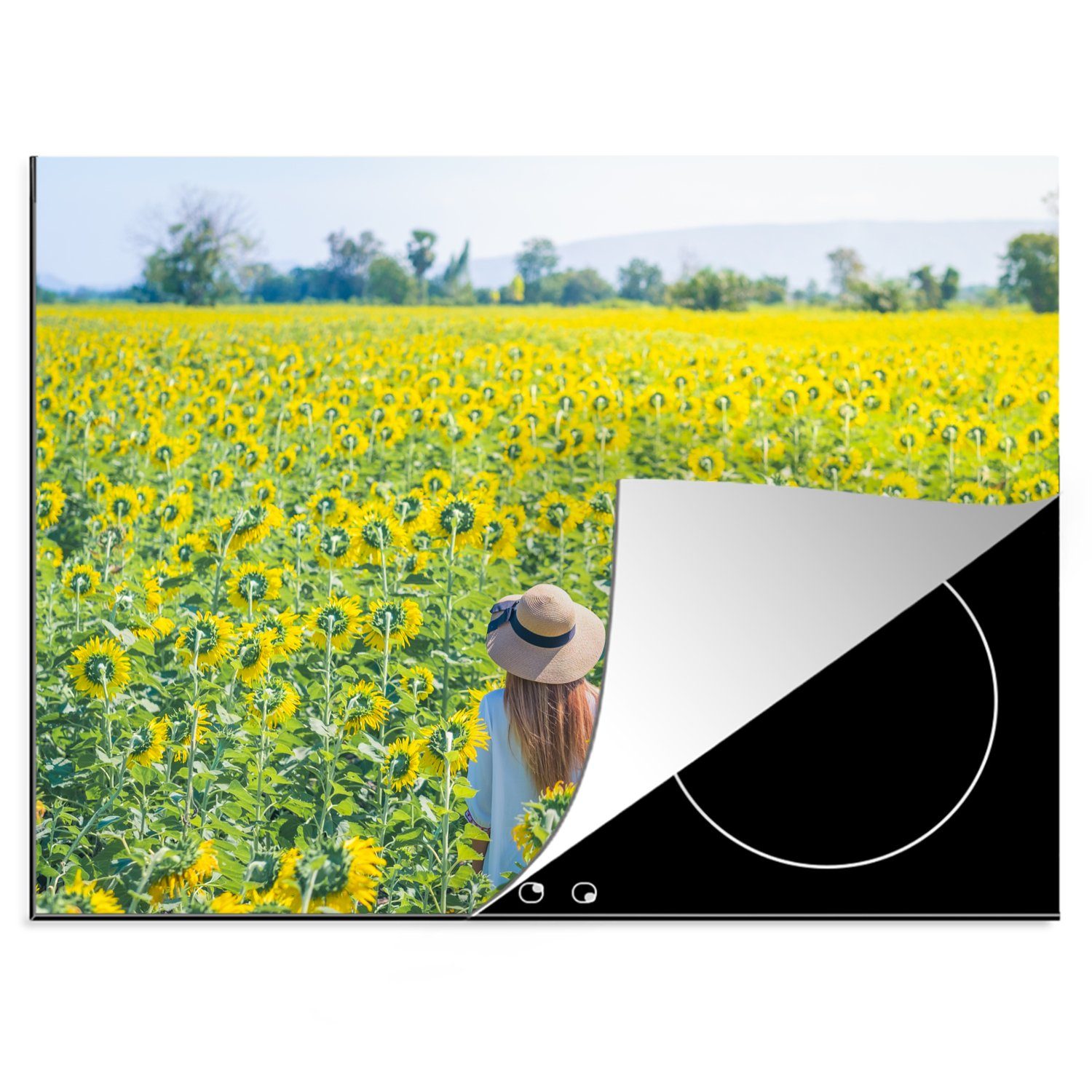 MuchoWow Herdblende-/Abdeckplatte Blumen - Frau - Sonnenblume, Vinyl, (1 tlg), 70x52 cm, Mobile Arbeitsfläche nutzbar, Ceranfeldabdeckung