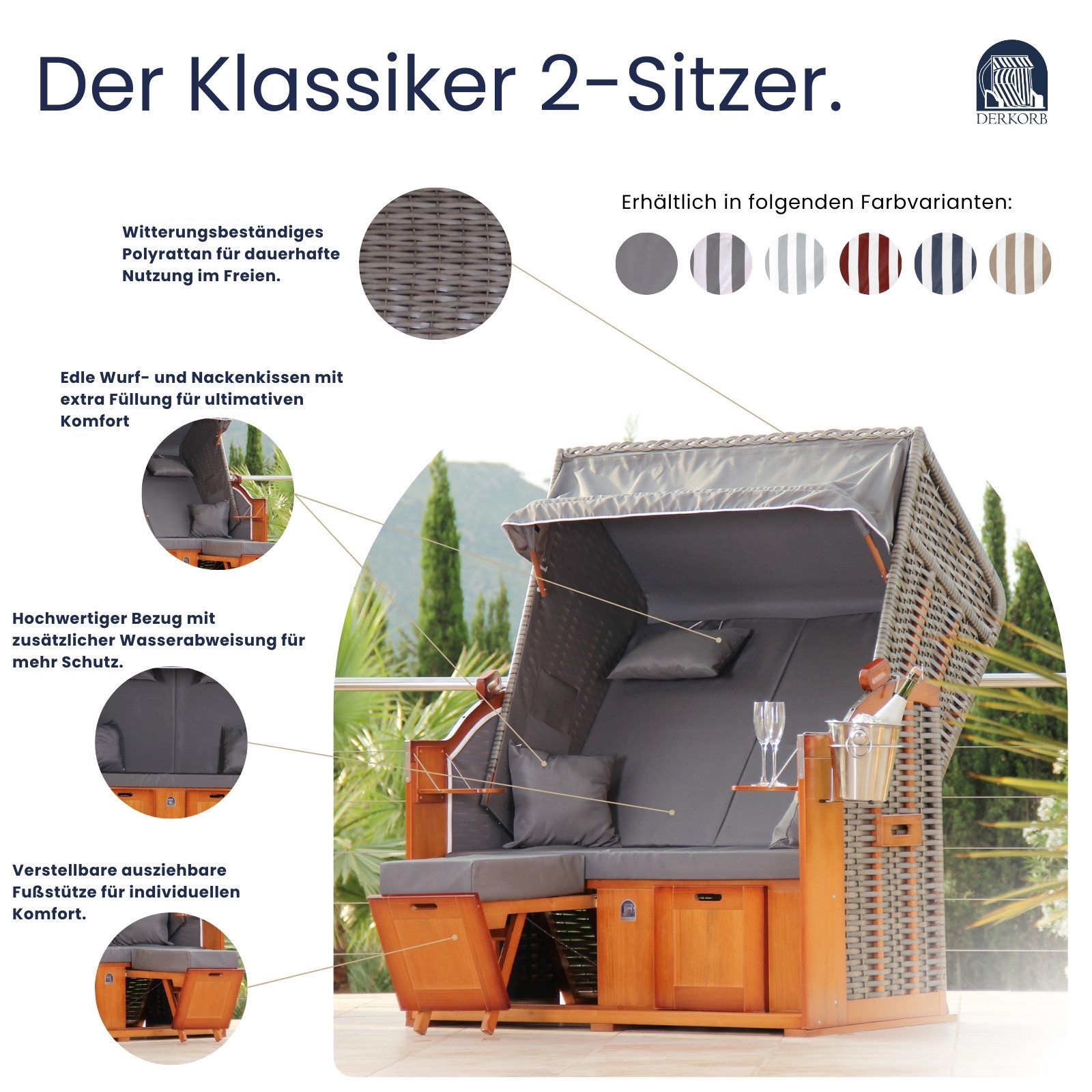 DERKORB Strandkorb Der Klassiker - 2-Sitzer, BxTxH: 137x78x166 cm, Volllieger, Ostsee-Modell DER KLASSIKER, 2-Sitzer, inkl. Wurf und Nackenkissen und montierten Strandkorbrollen