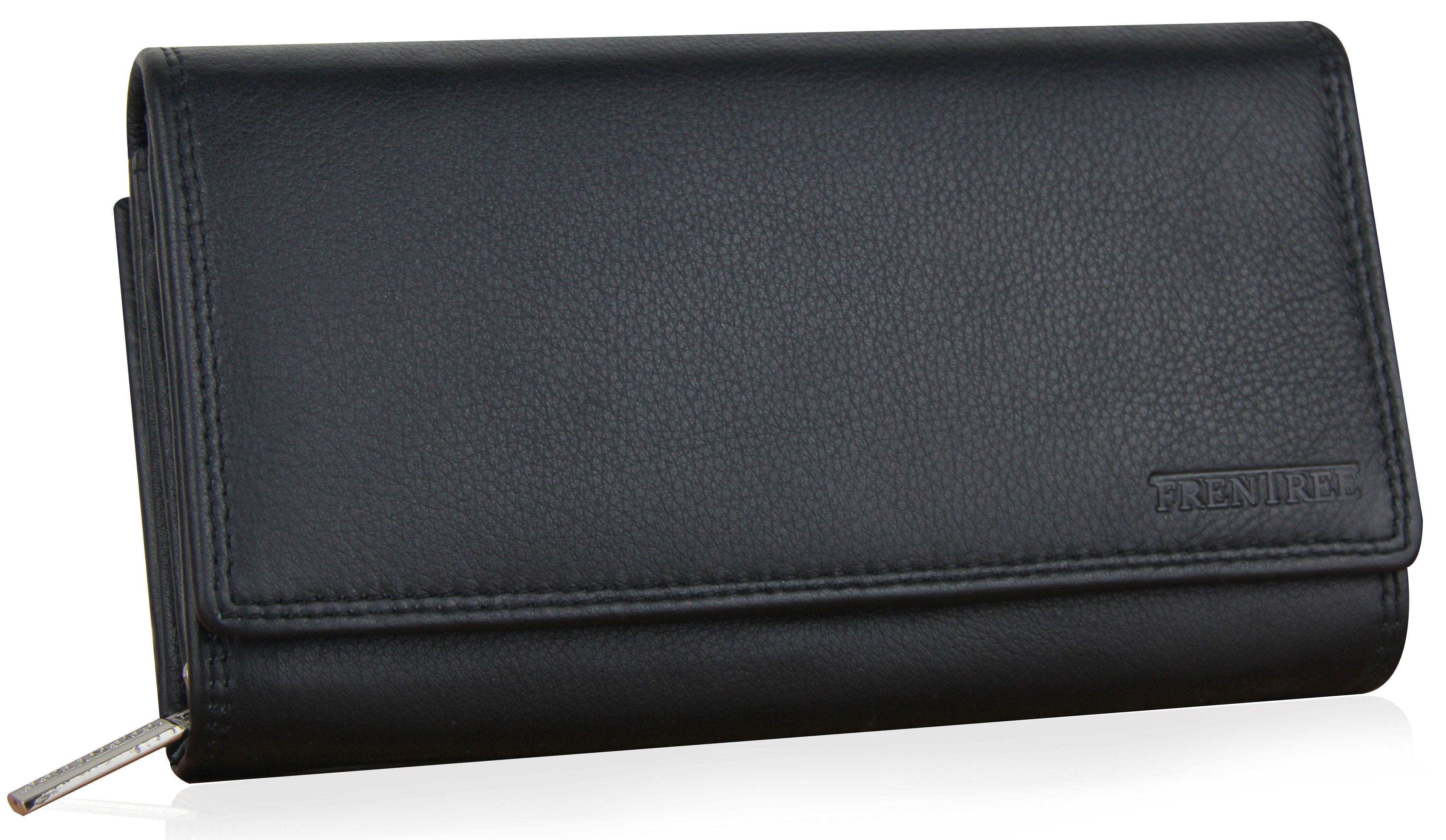 Frentree Geldbörse Damen Portemonnaie aus echtem Nappaleder mit vielen Fächern und, und RFID-Schutz, großes Echt Leder Portemonnaie Schwarz