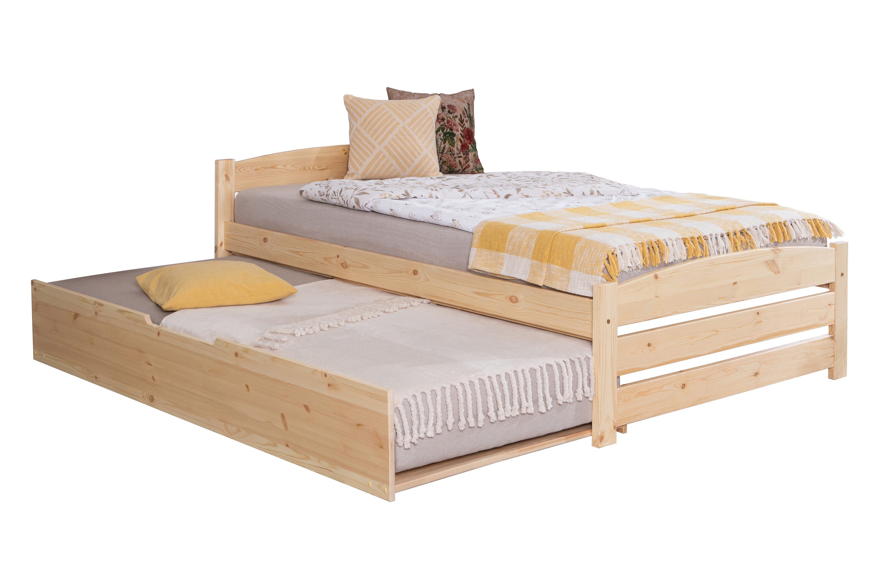 Ticaa Bettgestell Massivholzbett Loni Daybett Funktionsbett, inkl. Roll-Lattenrost & Ausziehbett, skandinavischer Stil, Natur