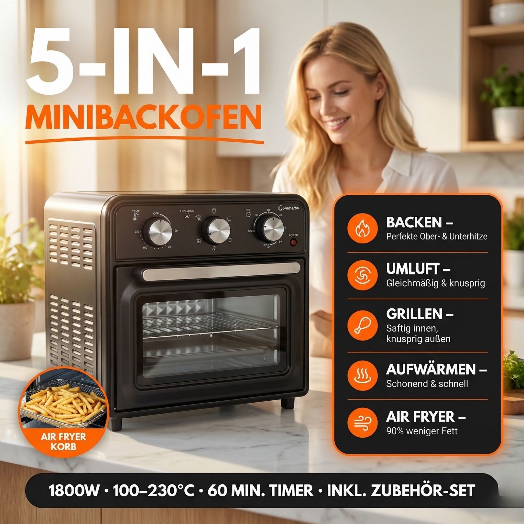 Sommertal Multiofen Sommertal Minibackofen 20 Liter mit Umluft & Heißluftfritteuse, 1800 Watt, Airfryer Funktion, 100–230°C, 60 Min. Timer