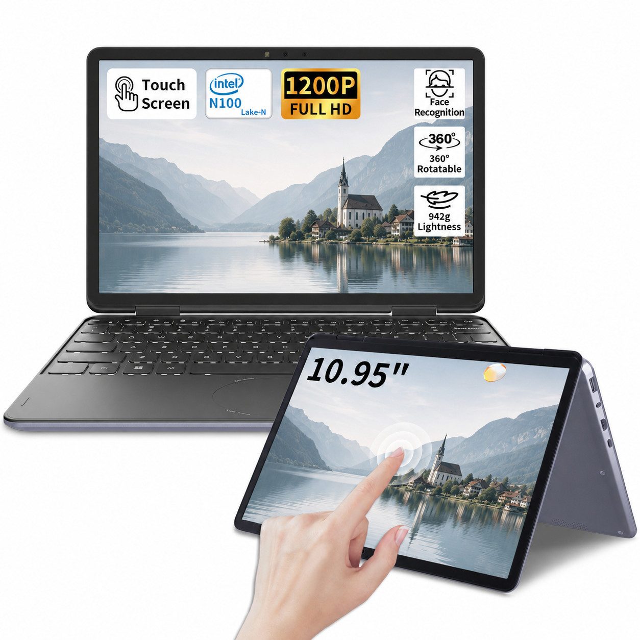 LONGEVINCE 2-in-1 Touchscreen Laptop 10,95", 16GB RAM Notebook (27,81 cm/10,95 Zoll, Intel, Intel UHD Graphics, 16 GB, 512 GB SSD, 360° Convertible, Intel N100, Windows 11 Pro, 4000mAh Akku)