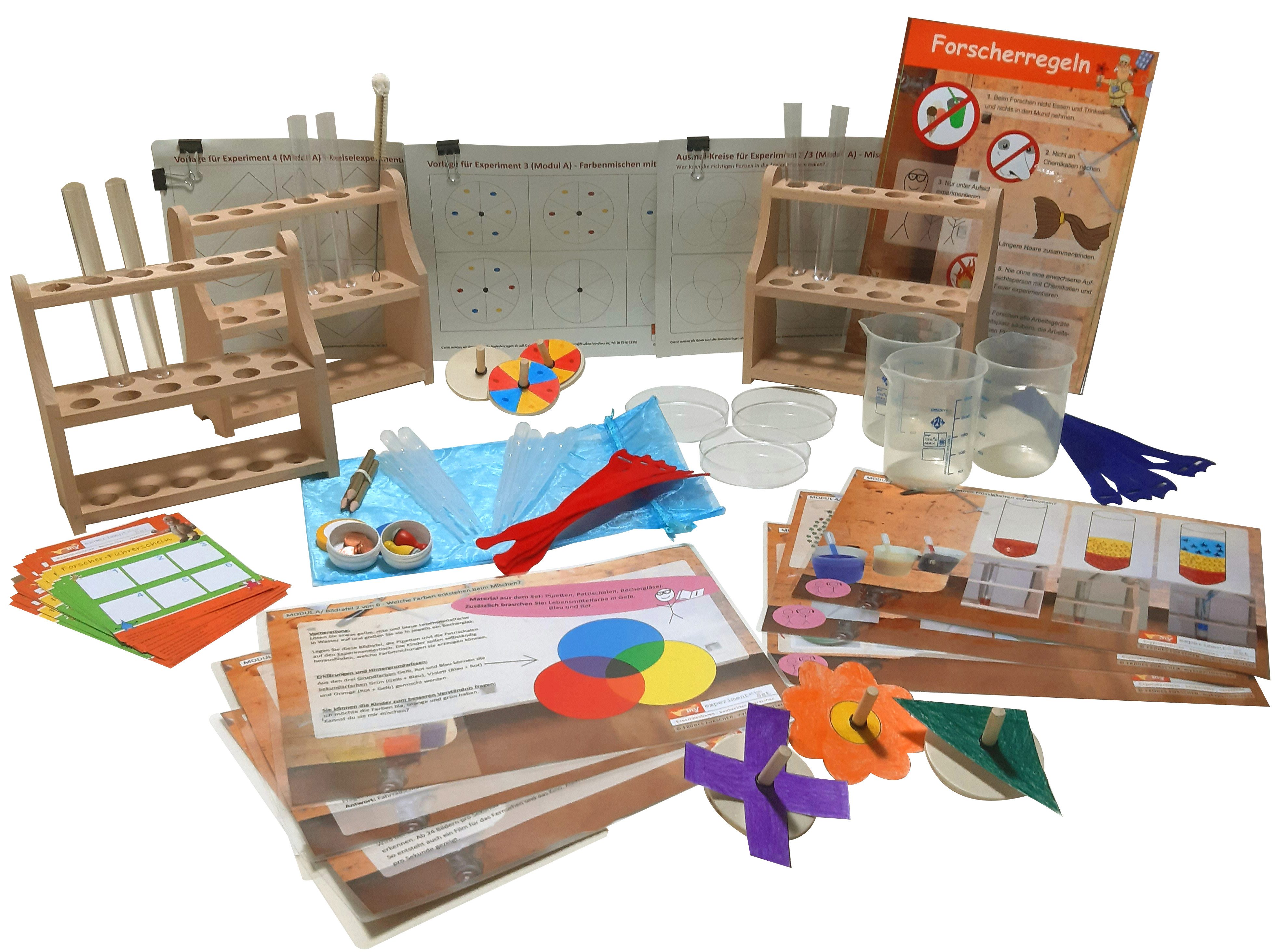 myExperimentSet Experimentierkasten für eine Forscherecke im Kindergarten, (6 Forscher-Stationen-tlg., Forschen, Entdecken und Wissen erleben), inkl. laminierten Erklärtafeln mit Bilder und Zeichnungen
