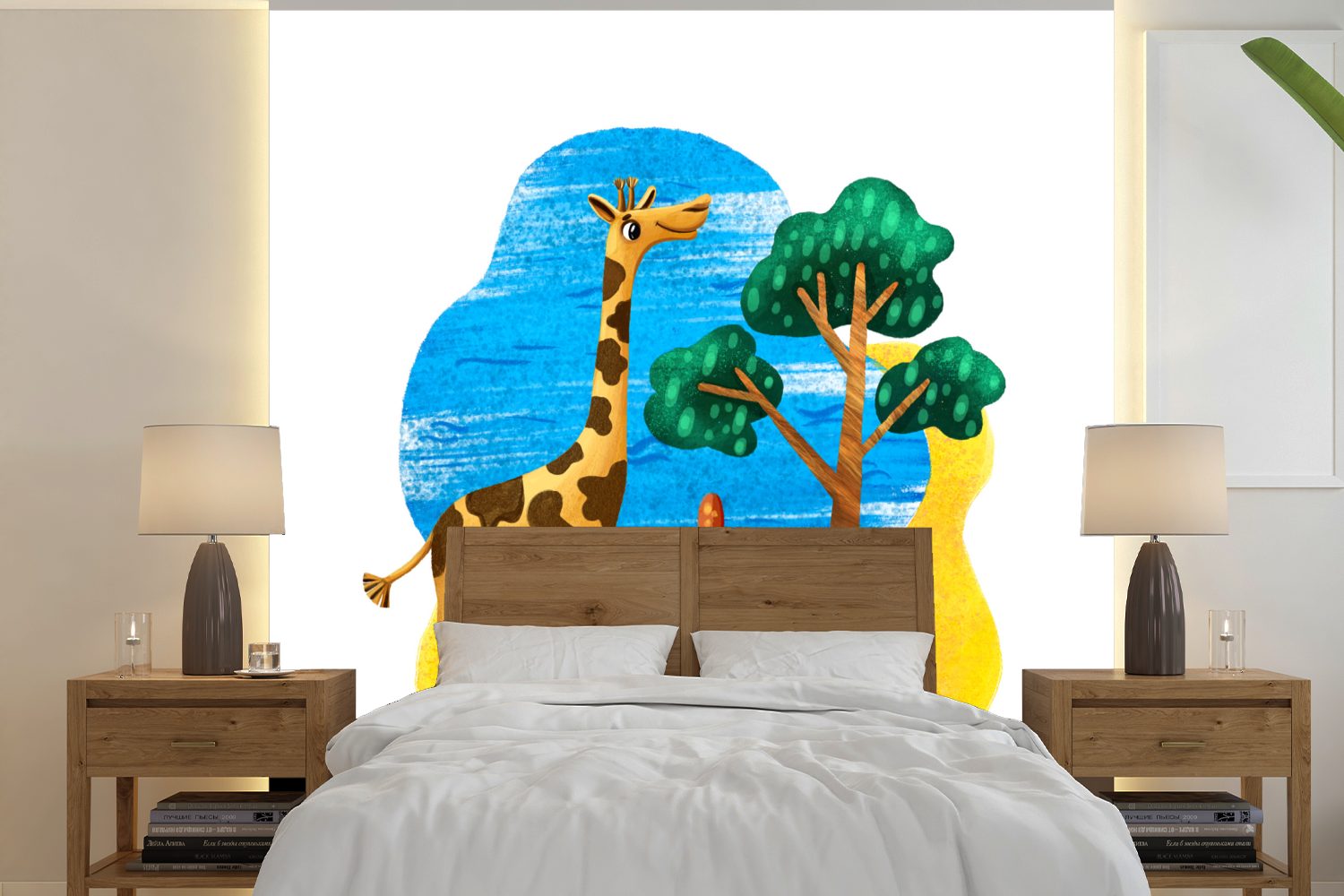 MuchoWow Fototapete Giraffe - Strand - Baum - Meer, Matt, bedruckt, (5 St), Vinyl Tapete für Wohnzimmer oder Schlafzimmer, Wandtapete