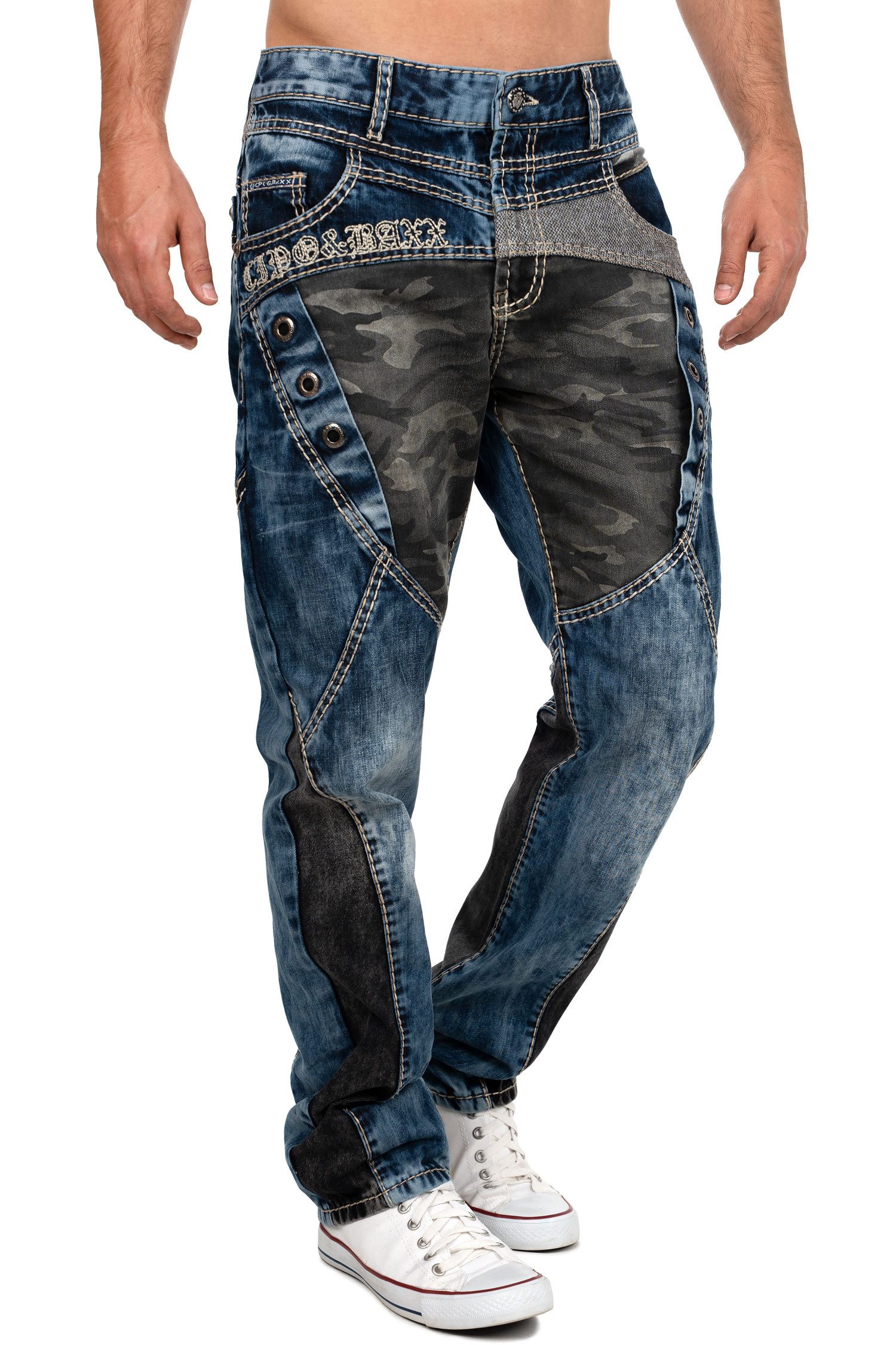 Cipo & Baxx Regular-fit-Jeans Herren Regular Fit Hose Stonewashed BA-CD894 (1-tlg) Hochwertige Bestickung