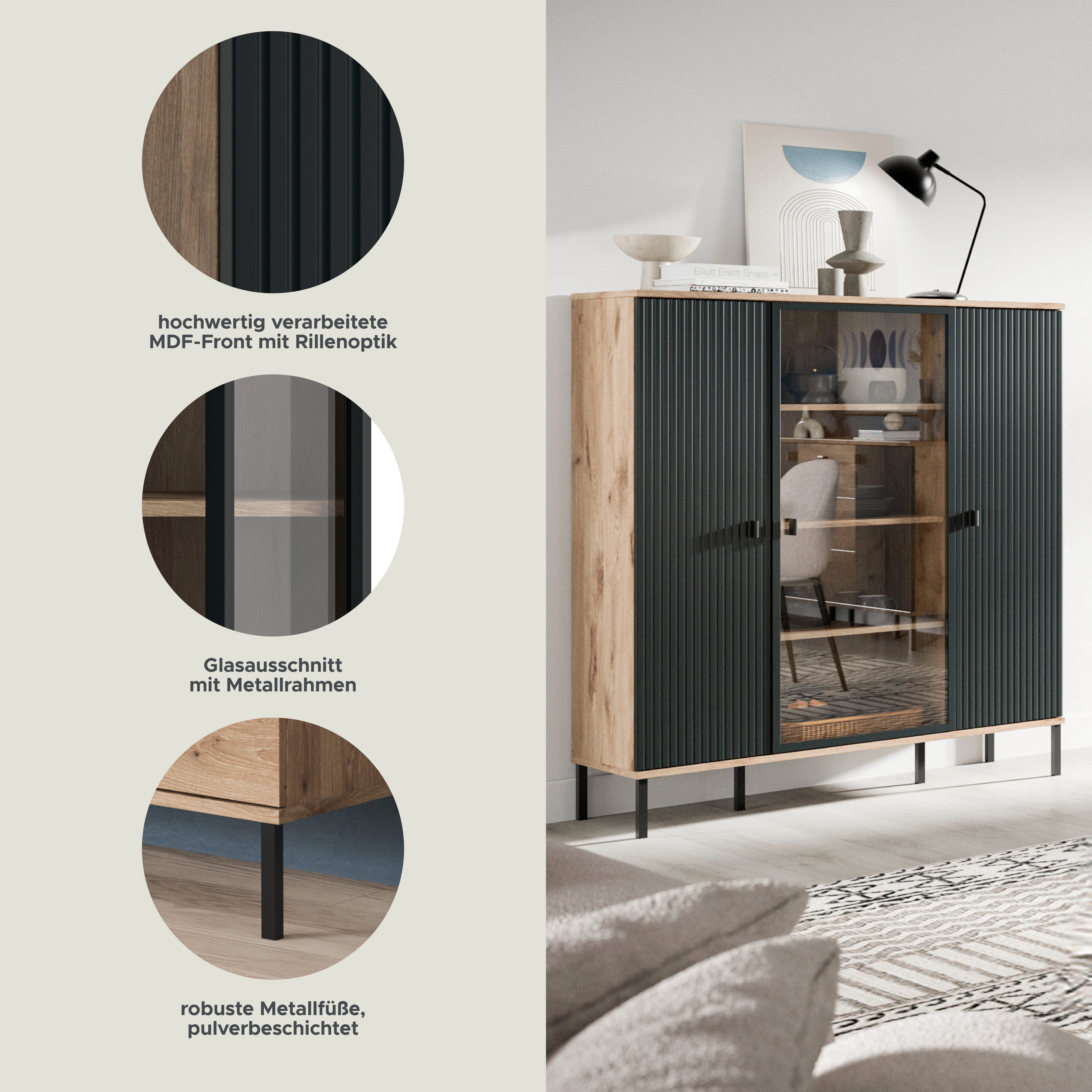 INOSIGN Highboard TREVERK, Breite: 115 cm, hochwertige MDF-Front schwarz tiefzieh (1 St), Highboard, Wohnzimmer, Esszimmer