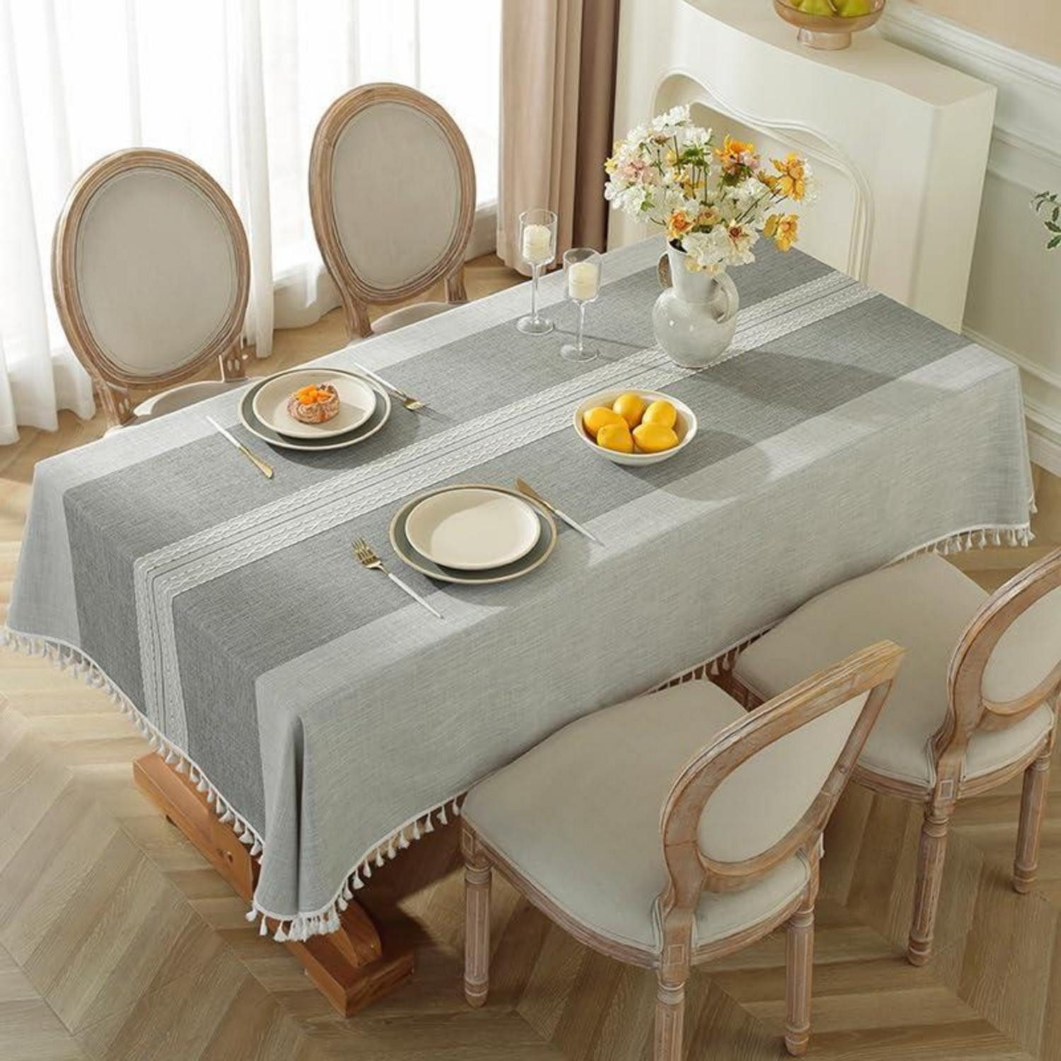 LuxusKollektion Tischdecke Tischdecke Grau Gestreift 140x220cm mit Quasten (1-tlg)