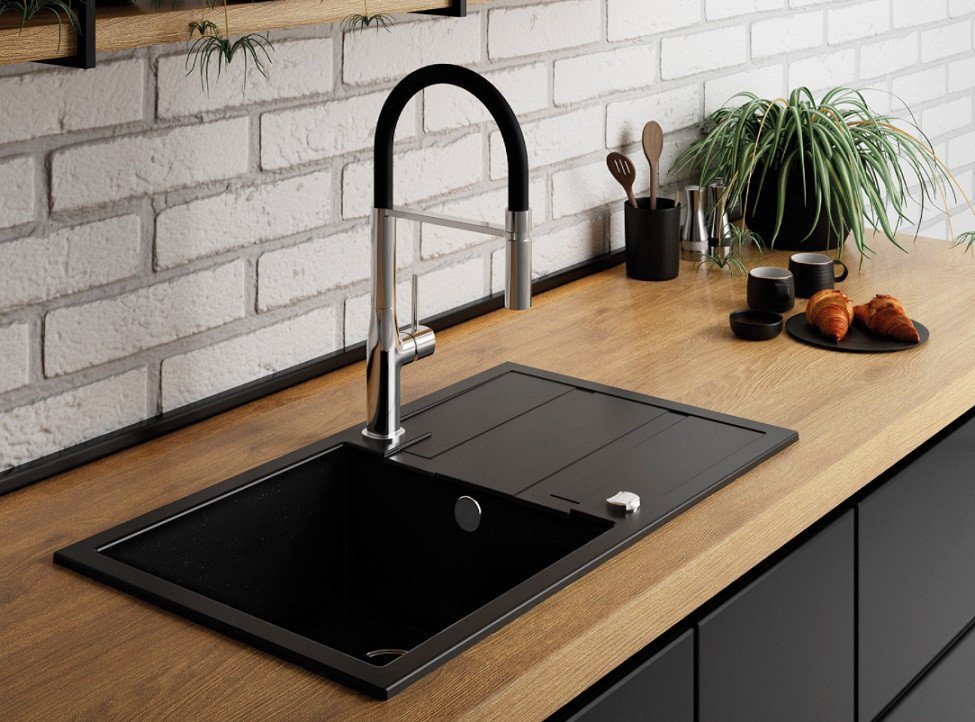 Thumbnail - KOLMAN Küchenspüle Einzelbecken Barbados Granitspüle, Rechteckig, 44/76 cm, Schwarz, Space Saving Siphon GRATIS