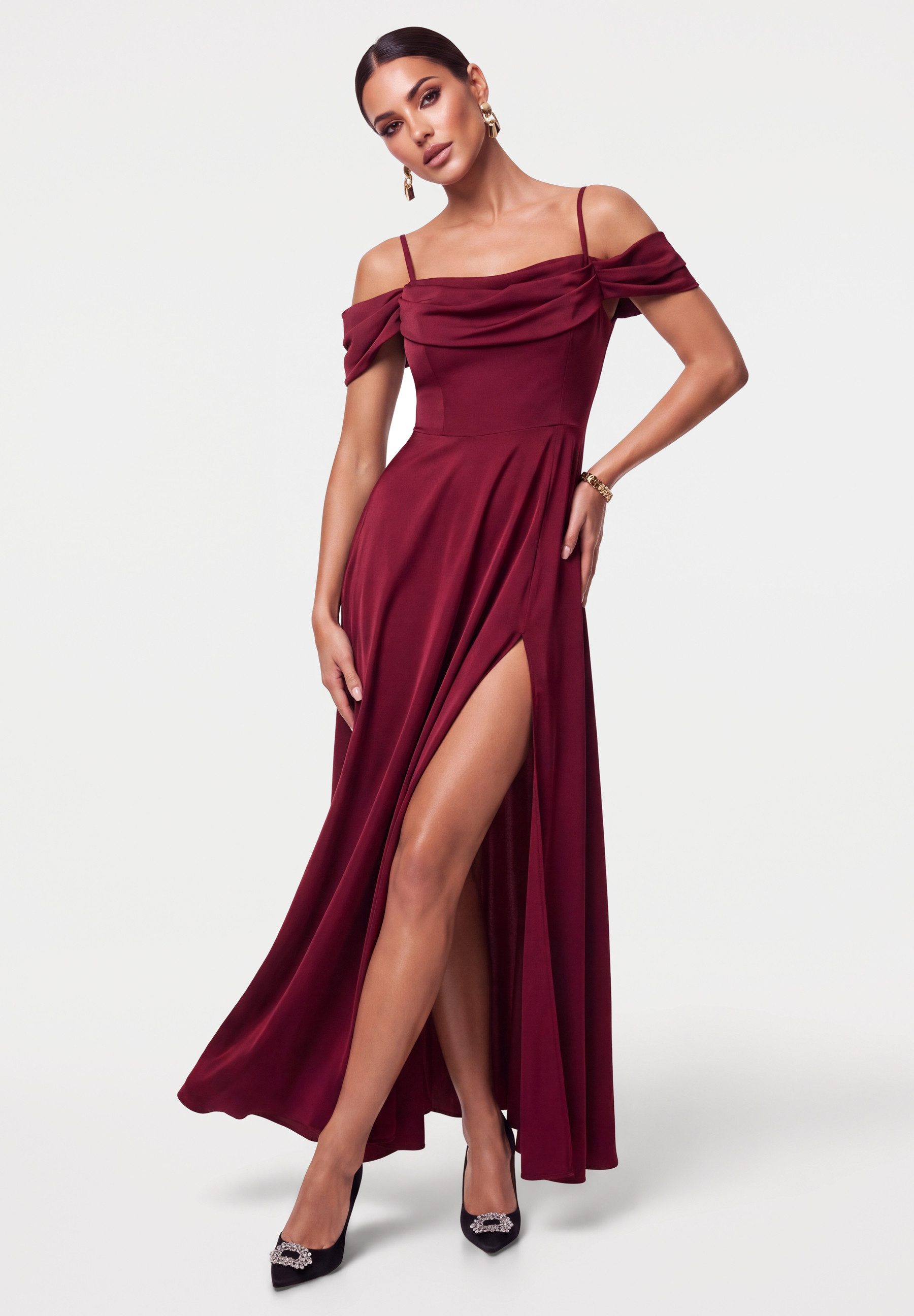 OMBRE Abendkleid Abendkleid mit elegantem Drapé und fließendem Schnitt Dunkelrot L (kein Set, 1-tlg) in Unifarbe