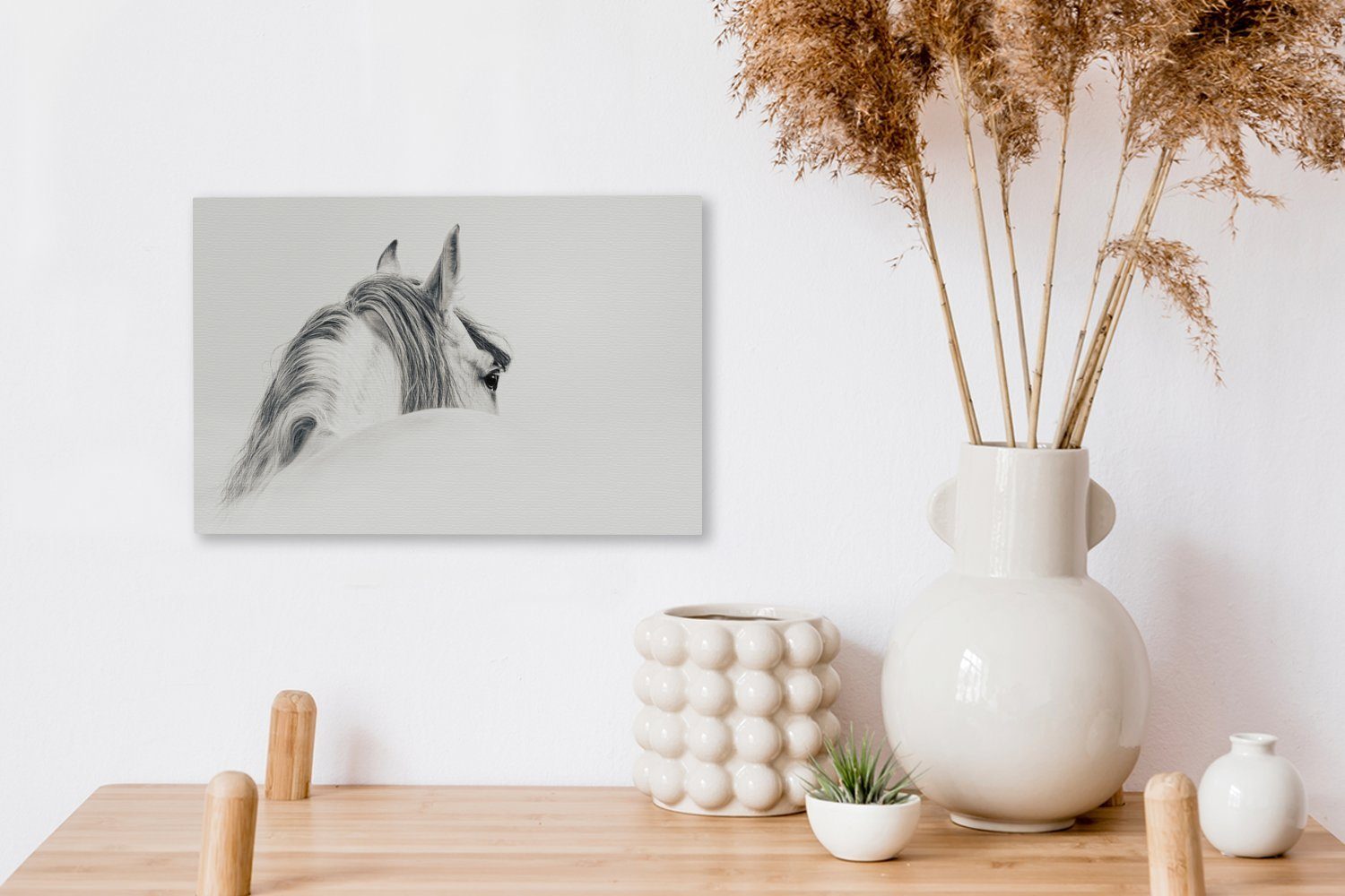 OneMillionCanvasses® Leinwandbild Pferd - Wanddeko, cm Wandbild - Grau, 30x20 Weiß Leinwandbilder, Aufhängefertig, St), (1