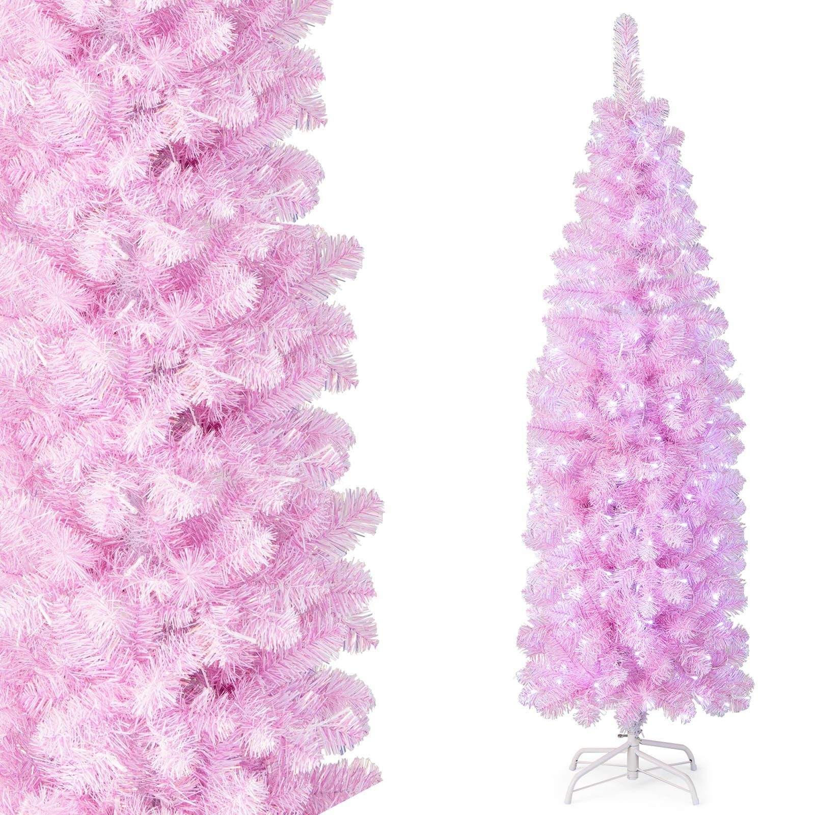 COSTWAY Künstlicher Weihnachtsbaum, Bleistift, mit 250 kaltweißen LEDs, 180cm Rosa