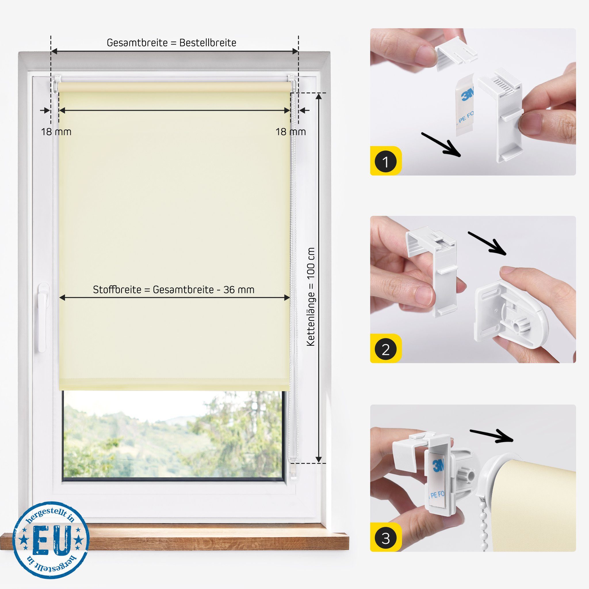 Rollo Lichtdurchlässig, 32,5 x 110 cm, creme [Stoffbreite 29,1 cm], jalousiescout, blickdicht, ohne Bohren, freihängend, Klemmfix, vormontiert, mit Kindersicherung, für Fenster und Türen, Sichtschutz