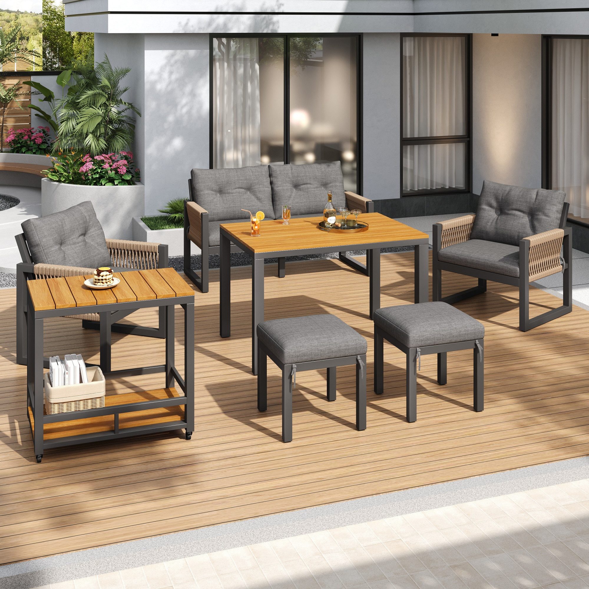 STILVORA Sitzgruppe mit esstisch Sitzgruppe mit Sitzkissen Multifunktionaler Tisch, (Doppelstuhl, 6-tlg., mit 1 Tisch und 3 Stühle, 2 Hocker), Freizeit- und Besprechungsset für mehrere Personen