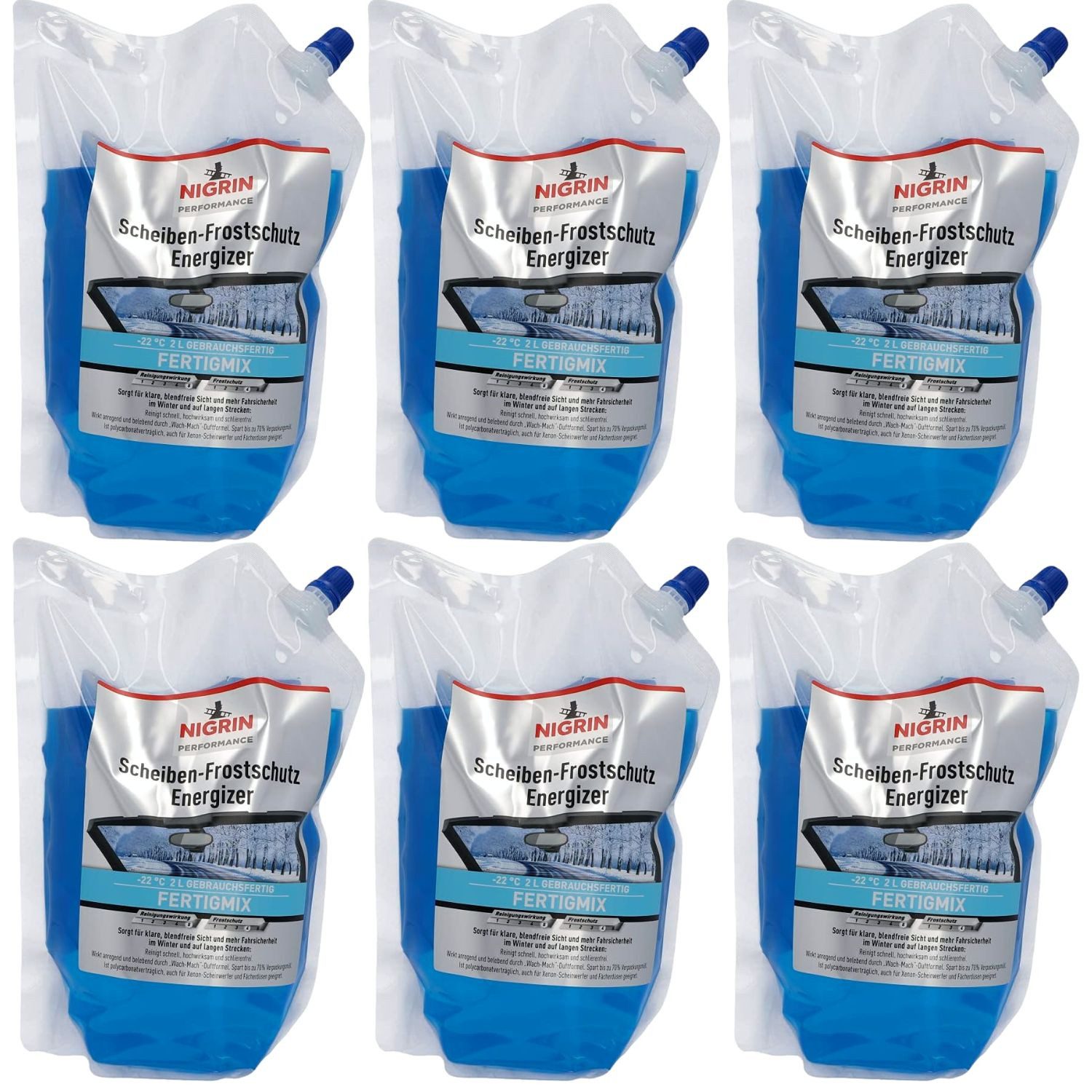 NIGRIN Scheibenfrostschutz Pack 6x 2L = 12L Scheiben-Frostschutz -22°C, bis -22 °C, 12 l, 6 St., Energizer Scheiben-Reiniger für Scheiben-Waschanlage Fertig-Mix