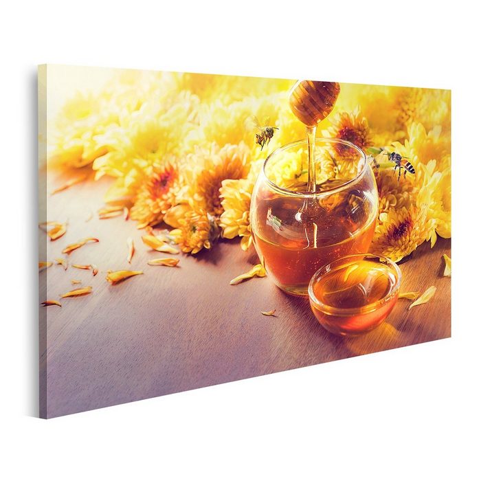 islandburner Leinwandbild Bild auf Leinwand Honig Glas Glas Biene Fliegen Blumen Holzboden Honig