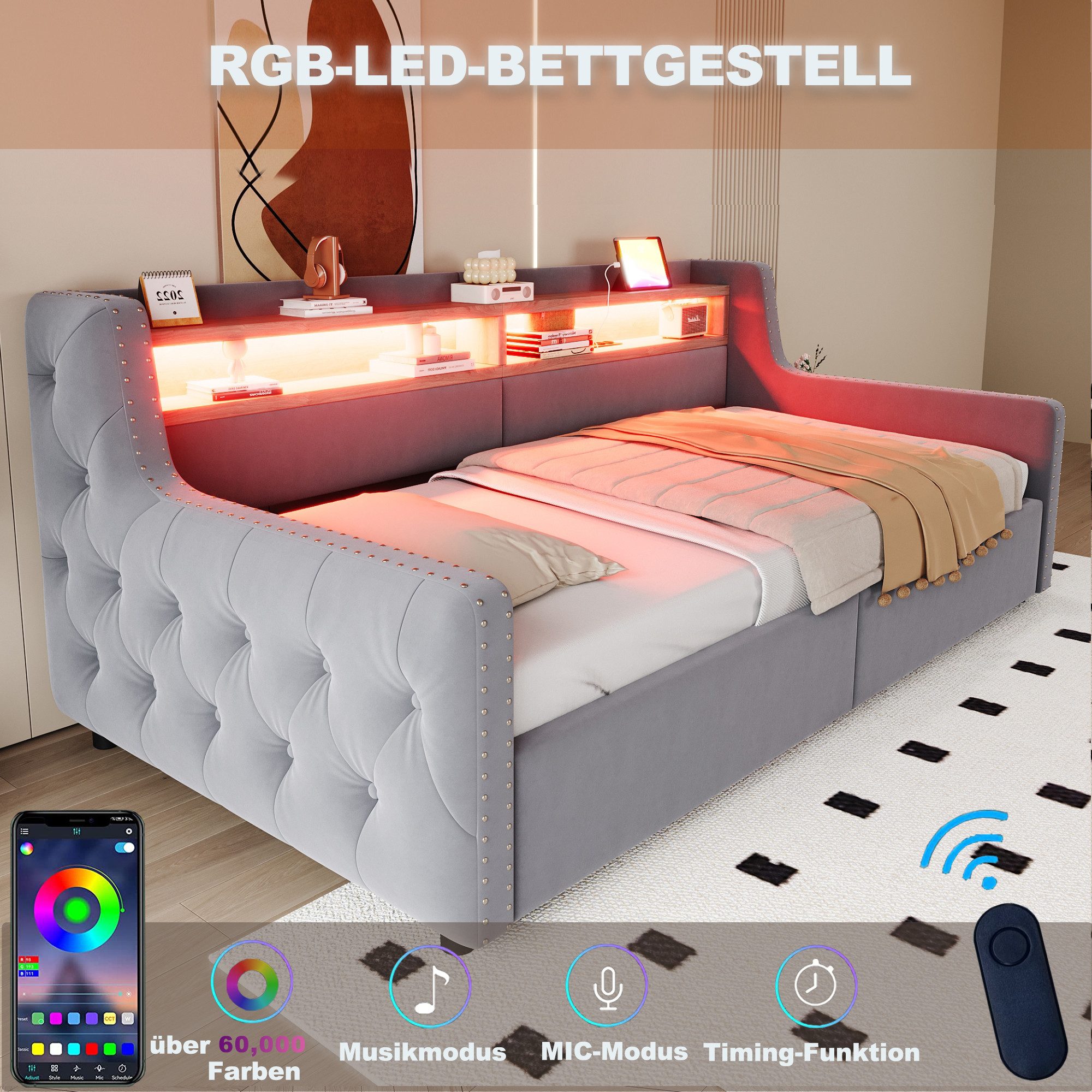 Celya Polsterbett Schlafsofa 90 x 200 cm, Mit hydraulischem Stauraum (ohne Matratze, Mit LED-Beleuchtung, Ablagefach, Steckdose und Ladeanschlus) – Bild 4 von 5