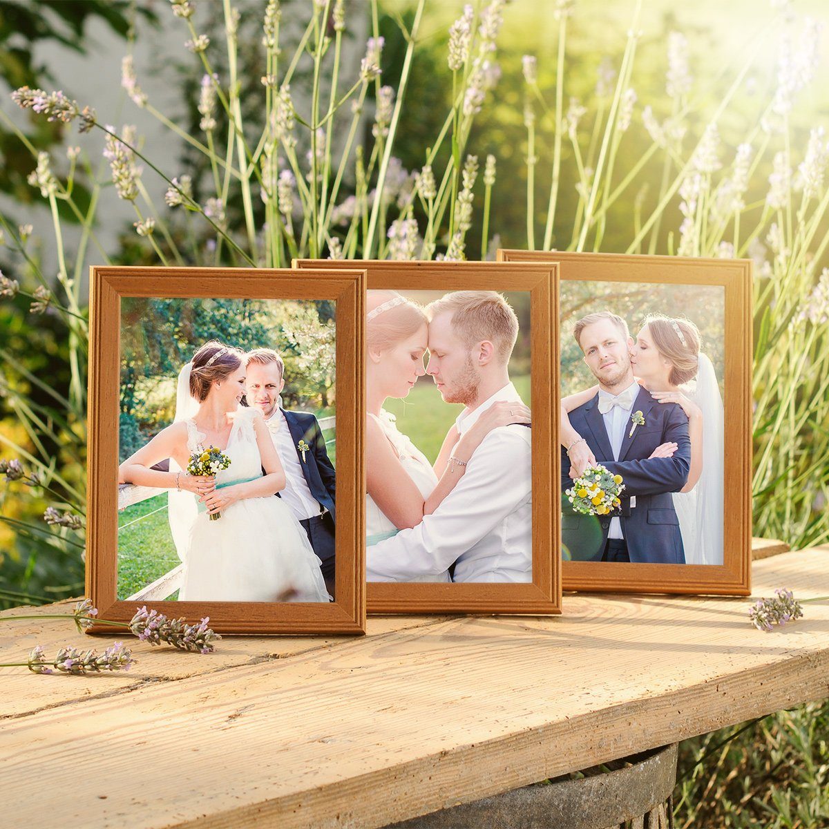 PHOTOLINI Bilderrahmen 3er Set im Landhaus-Stil Massivholz Schmal