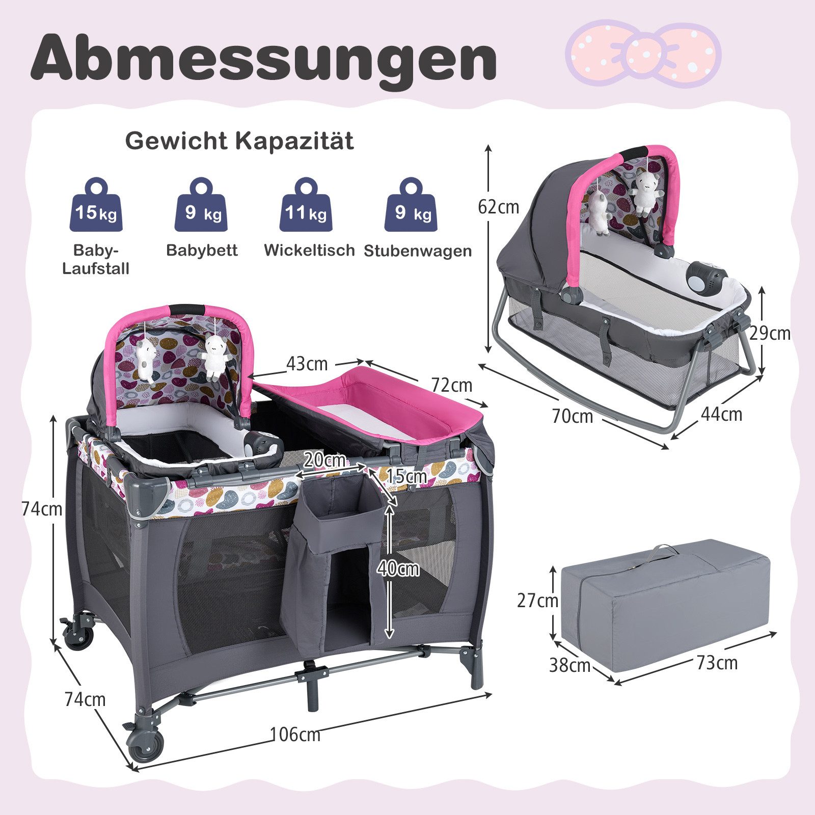 COSTWAY Baby-Reisebett, 1-tlg., Laufstall, Babybett mit Babywiege, Wickeltisch, Matratze