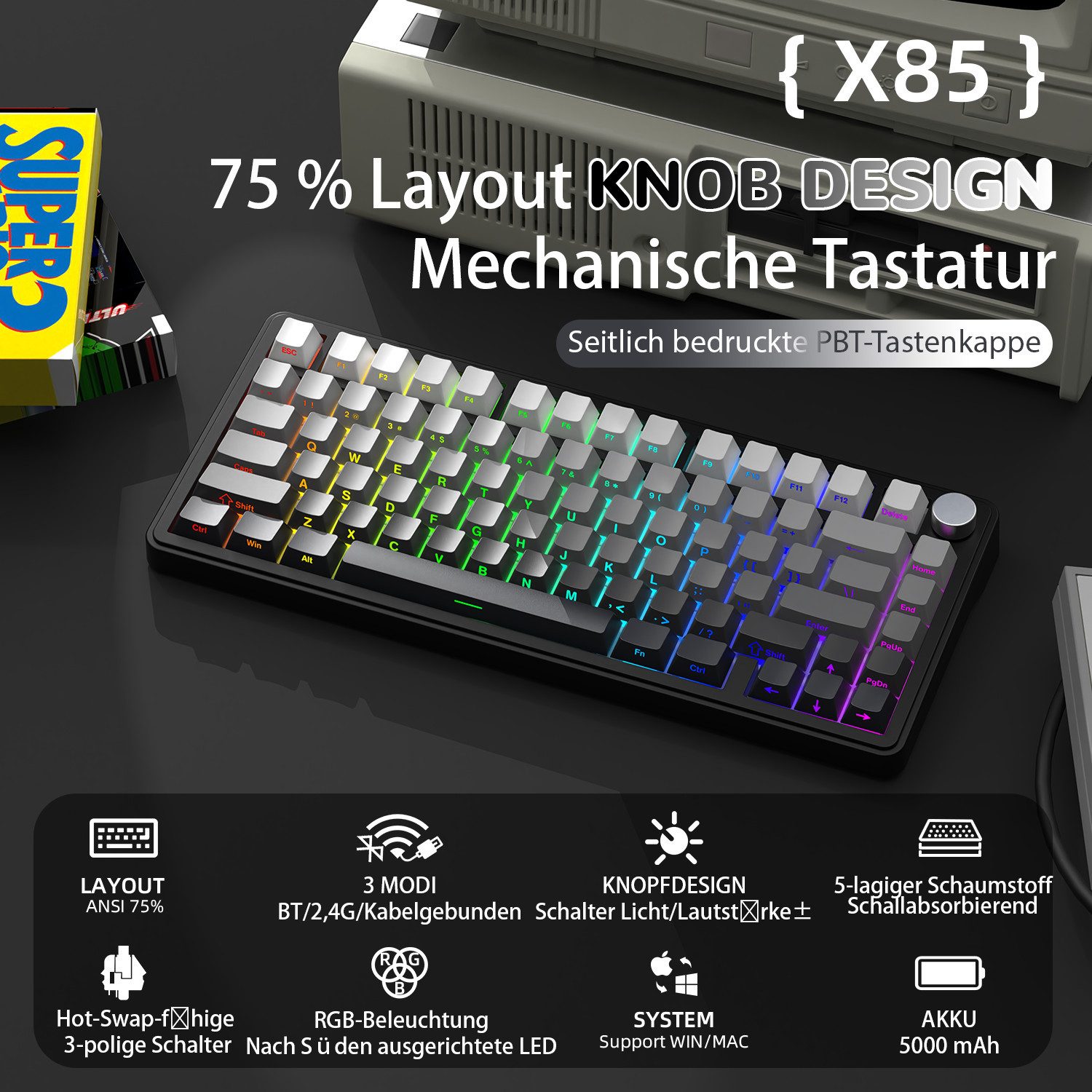 ATTACK SHARK ATTACK SHARK X85 Tri-Mode Gasket Mechanische Tastatur mit Knopf Gaming-Tastatur
