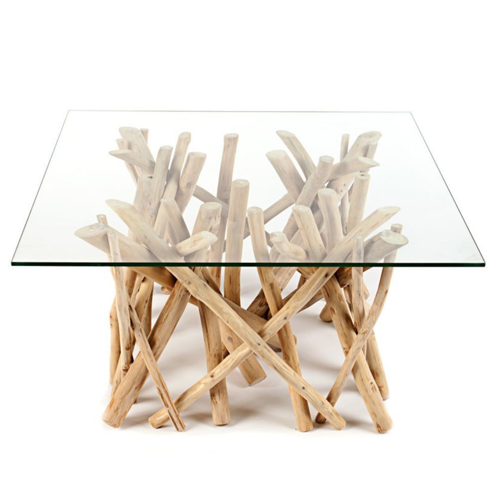 LebensWohnArt Couchtisch Teakholz Couchtisch DRIFT 80x80cm (oder kleiner) Glasplatte Natural