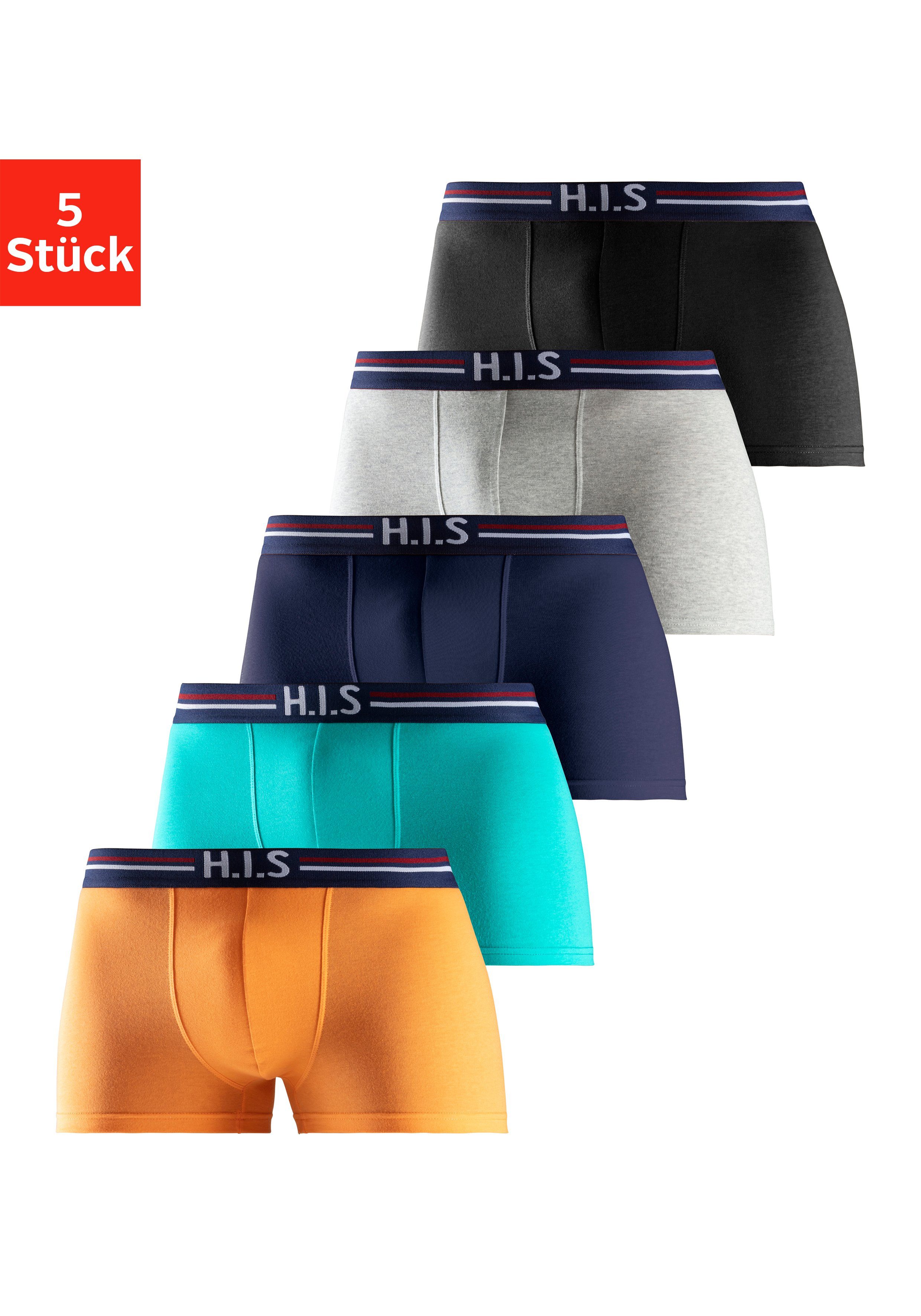 H.I.S Boxer (Packung, 5-St) mit Streifen und Markenlogo im Bund orange, mint, navy, grau-meliert, schwarz