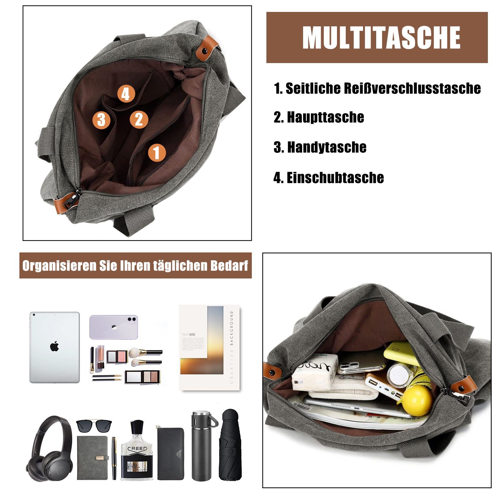 Groß Casual Umhängetasche Schultertasche, Crossbody TAN.TOMI Bag Canvas Handtasche, Dunkelgrau Umhängetasche, Multifunktionale