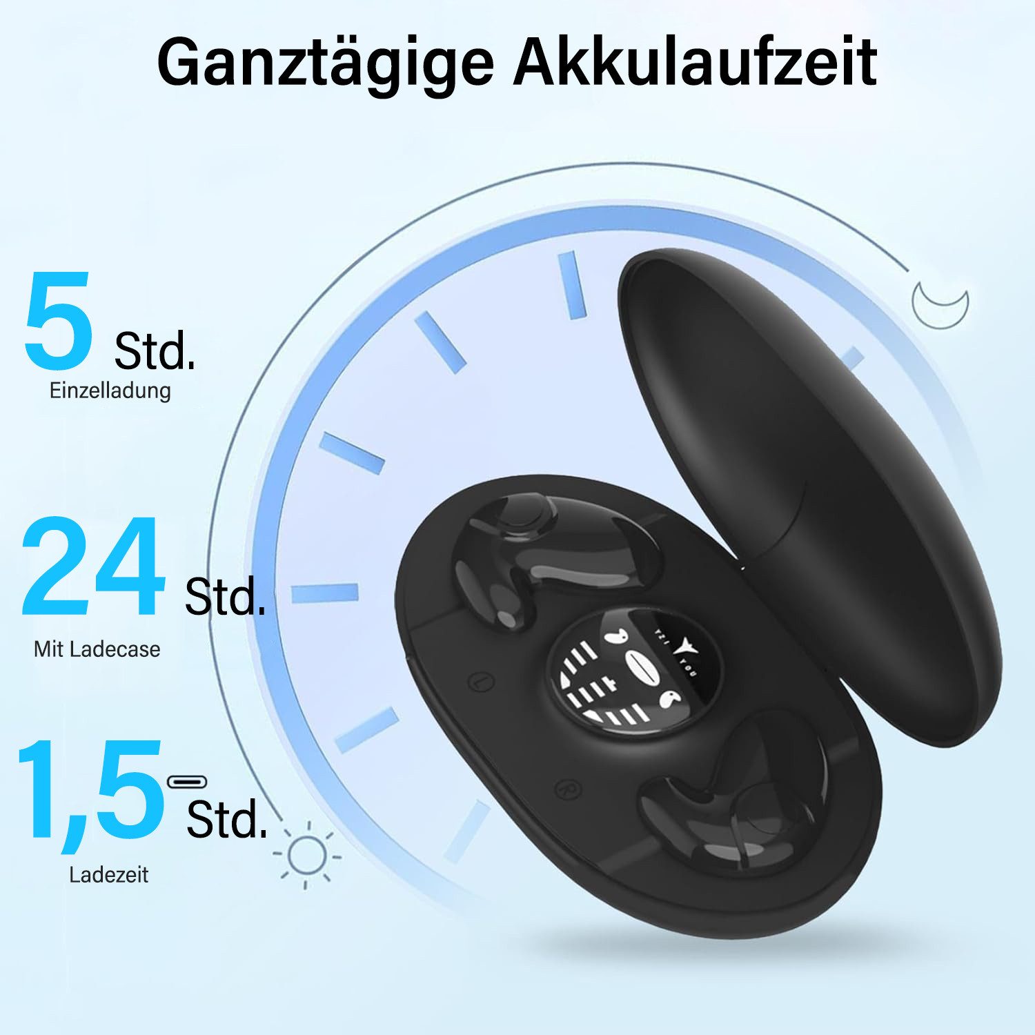 MOPUEA In-Ear Schlafkopfhörer kabellose Schlaf-Ohrhörer für Seitenschläfer Bluetooth-Kopfhörer (integriertes Mikrofon, Kompakt mit Typ-C-Schnellladehülle)