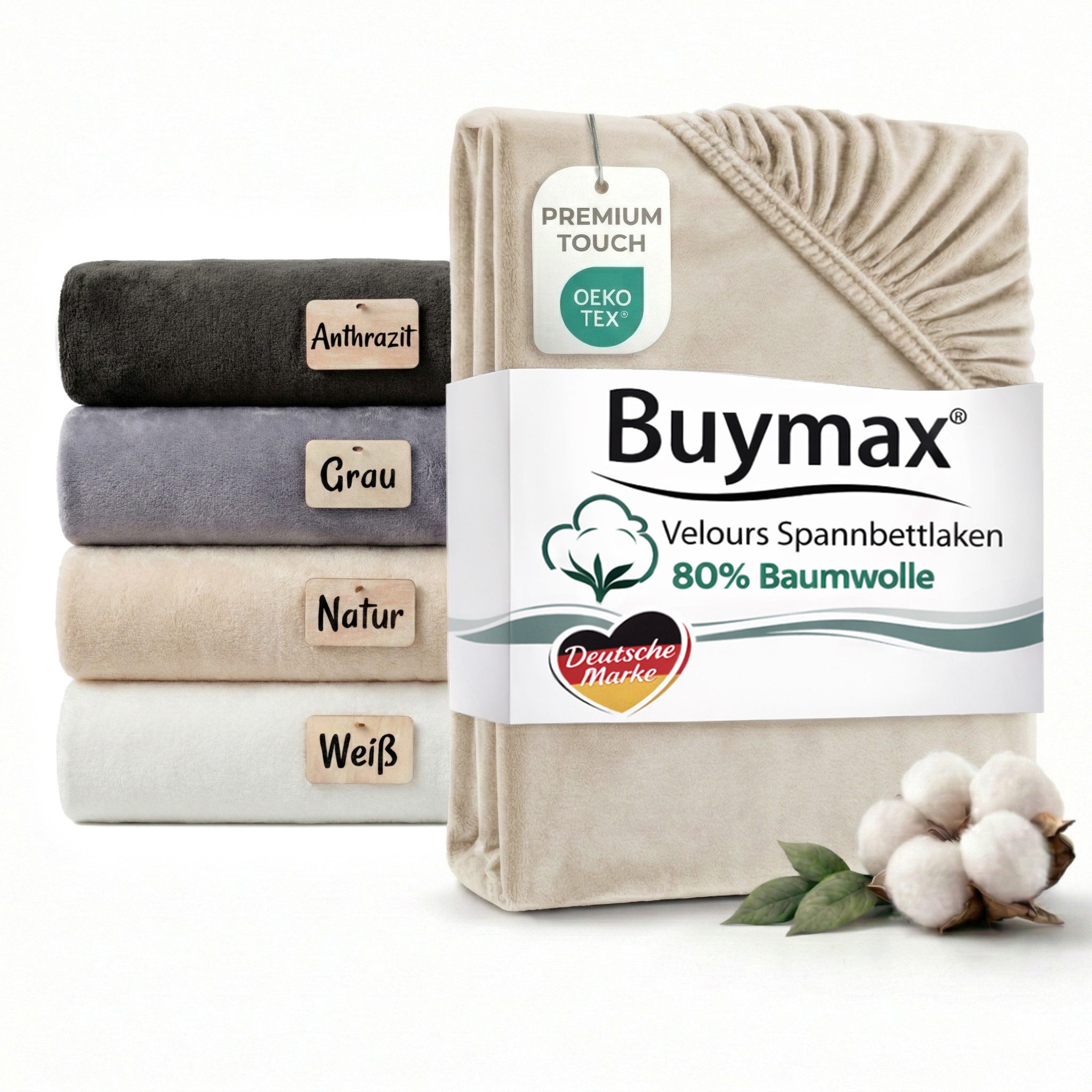 Buymax Spannbettlaken Premium Velours aus 80% Baumwolle, Velours, Gummizug: Rundumgummi, (1 Stück), Pflegeleicht und Atmungsaktiv in Verschiedenen Farben und Größen