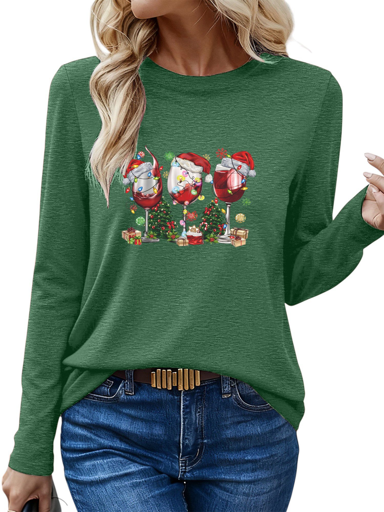 Langarmshirt Bequemes Shirt Damen Langarm Herbst Basic-Shirt mit Weihnachten Print