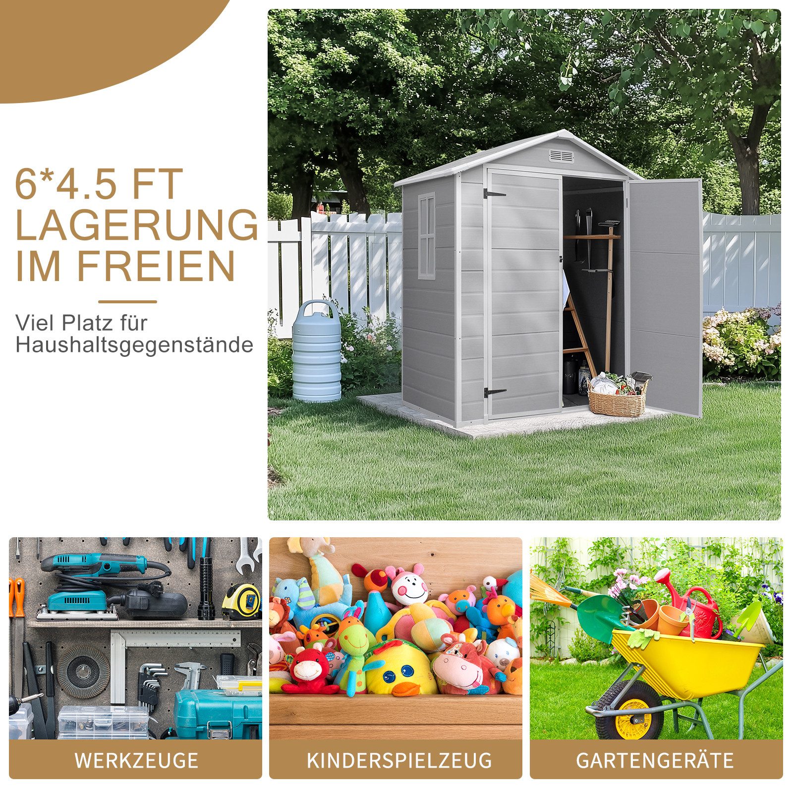 LALAHO Gartenhaus Geräteschuppen Kunststoff, BxT: 182x134 cm, 182 x 134 x 210 cm, Gerätehaus wetterfest, für Gärten – Bild 2 von 5