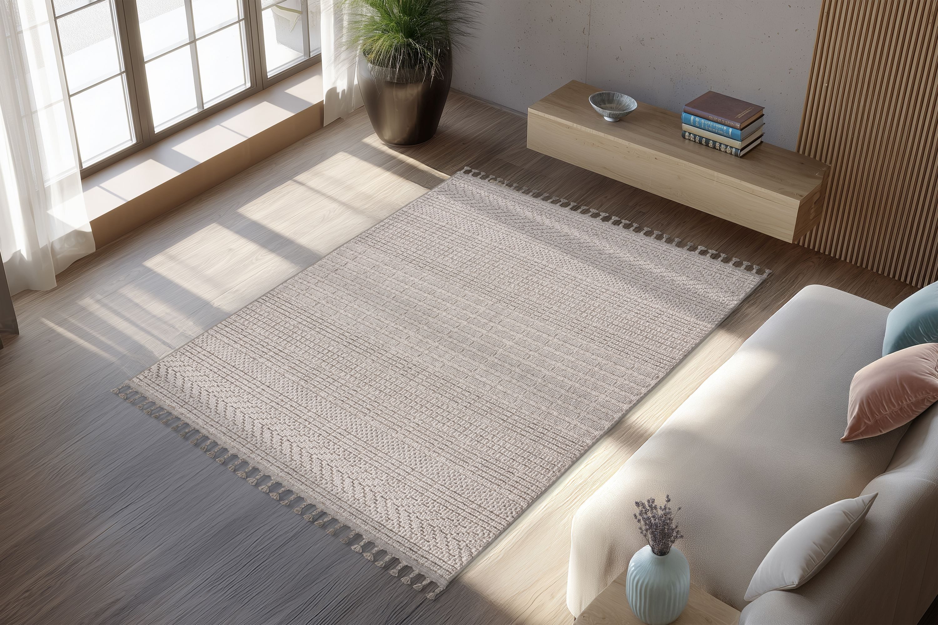 Kayoom Teppich Reef 125, rechteckig, Höhe: 9 mm, Kurzflor, Struktur, mit Fransen, Wohnzimmer