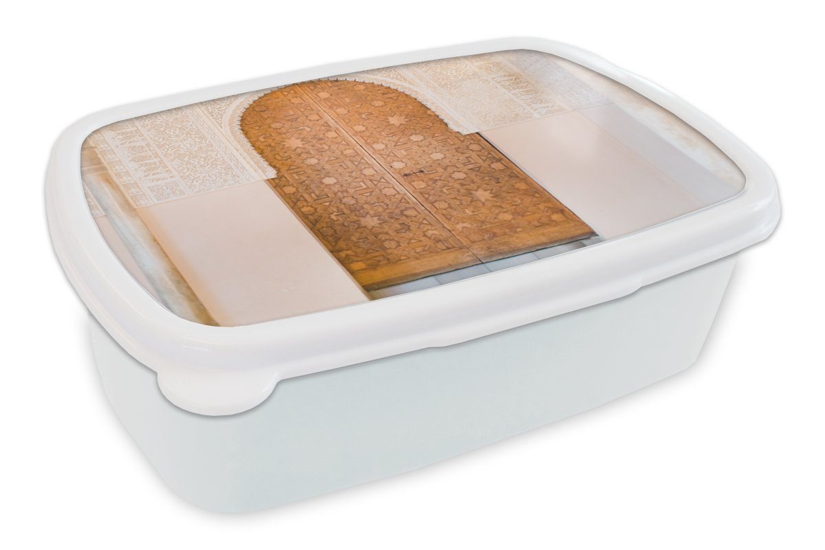 MuchoWow Lunchbox Architektur - Tür - Holz - Stein, Kunststoff, (2-tlg), Brotbox für Kinder und Erwachsene, Brotdose, für Jungs und Mädchen weiß