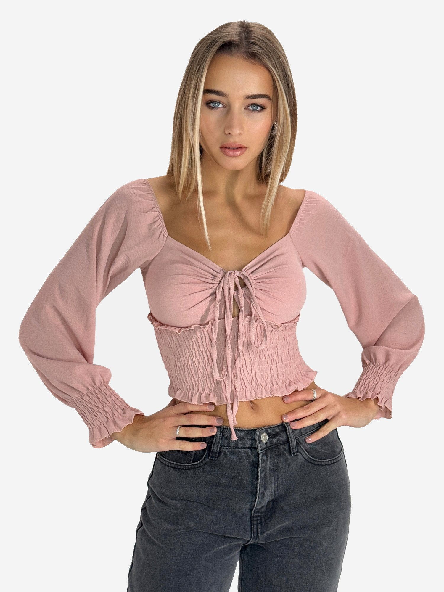 Elara Blusentop – Damen Crop Bluse mit Schnürung, Carmen-Ausschnitt und Puffärmeln