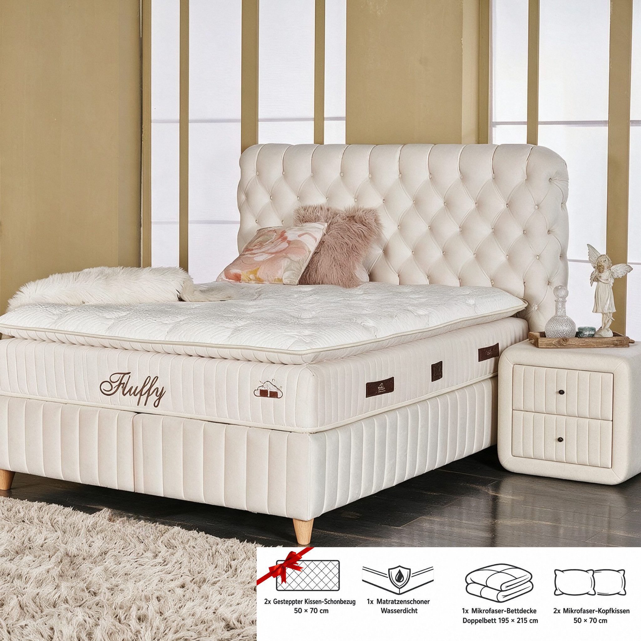 gowoll Boxspringbett mit Matratze mit Topper Comfort Bett Set Doppelbett, Polsterbett (Set, 4-St., 2 Bettkästen, 1 Matratze, 1 Kopfteil (Nachttisch optional), Schlafzimmer Set