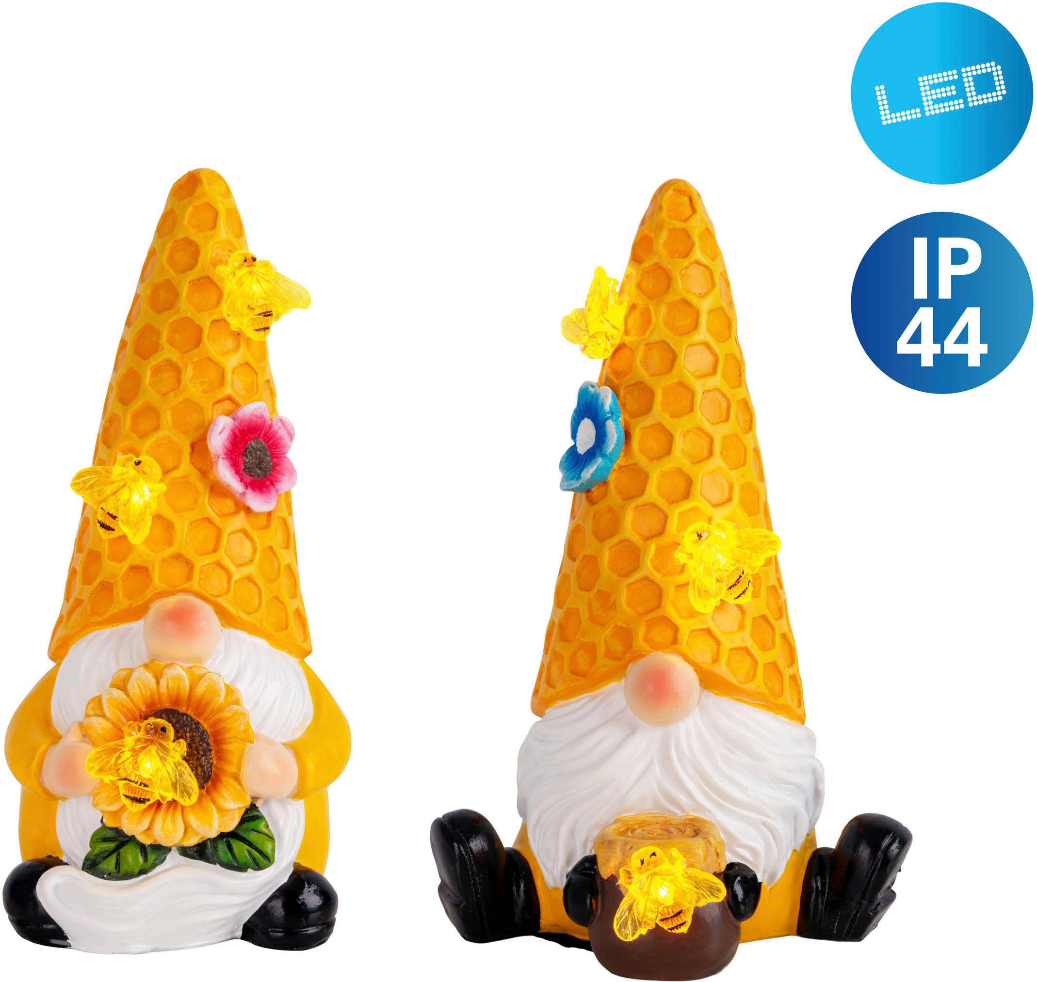 näve LED Solarleuchte Abby, Tageslichtsensor, LED fest integriert, Warmweiß, 2er Set Wichtel, gelb/bunt, mit Bienchen und Blümchen, warmweiß