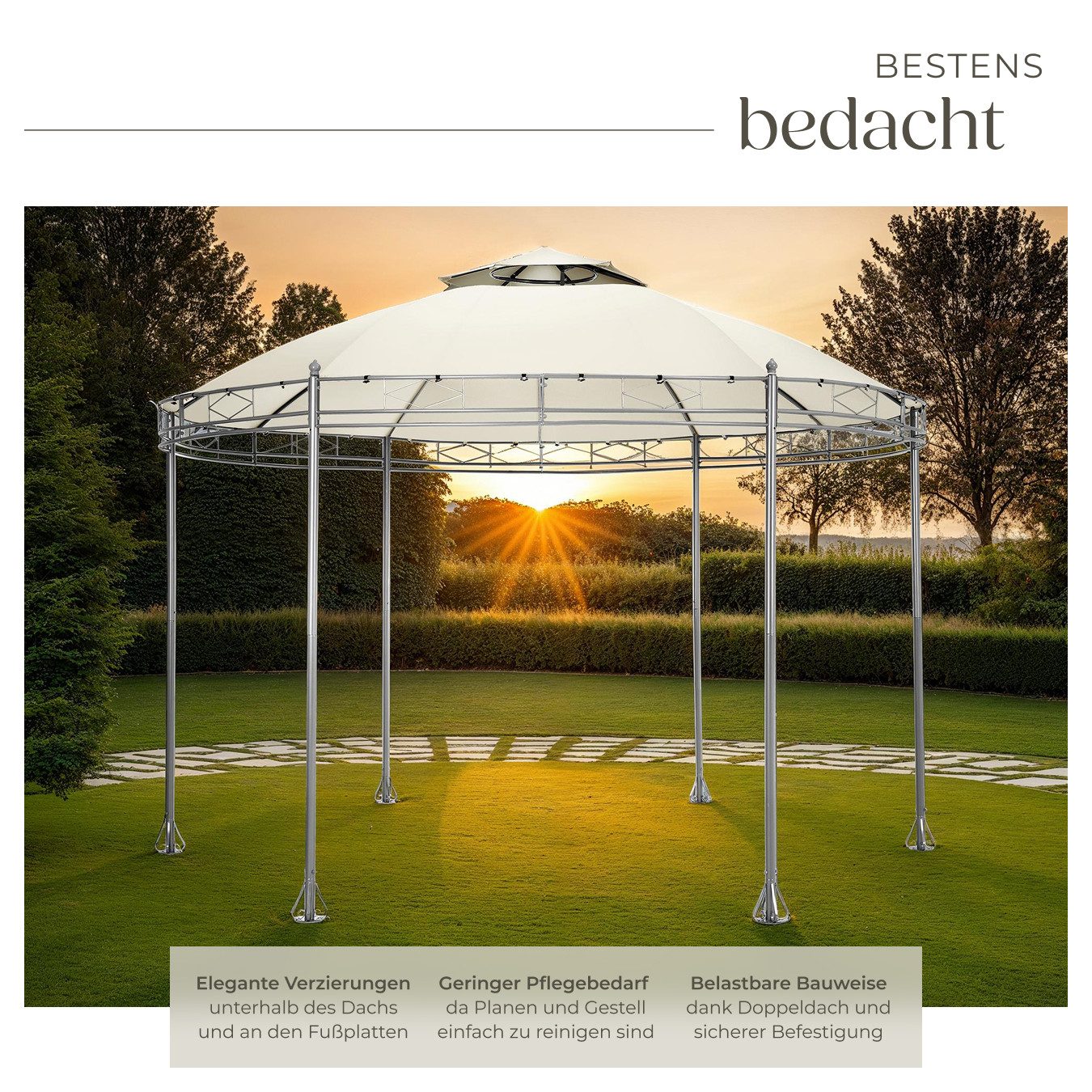 tectake Pavillon Rattan Gartenzelt Ø 3,5 m, inklusive Spannseilen und Heringen, mit 6 Seitenteilen, (Partyzelt Siana, in creme), wasserabweisend, Doppeldachsystem, 6 Seitenteile, mit UV-Schutz 50+