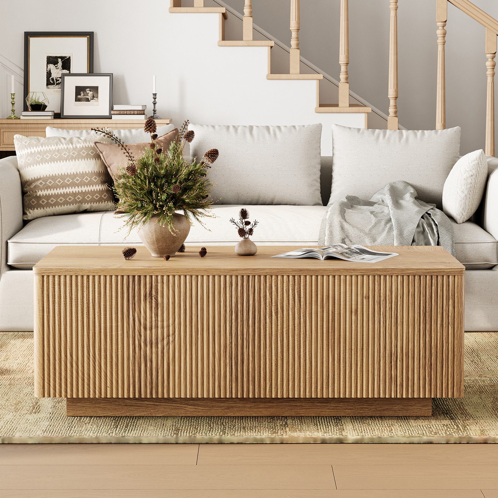 FABATO Couchtisch Lift-Couchtisch 106 cm mit großem verstecktem Stauraum (1-St., aufklappbar, Holz-Optik, Mid-Century-Modern-Stil, für Ihr Sofa), rechteckiges Fluted-Design mit abgerundeten Ecken