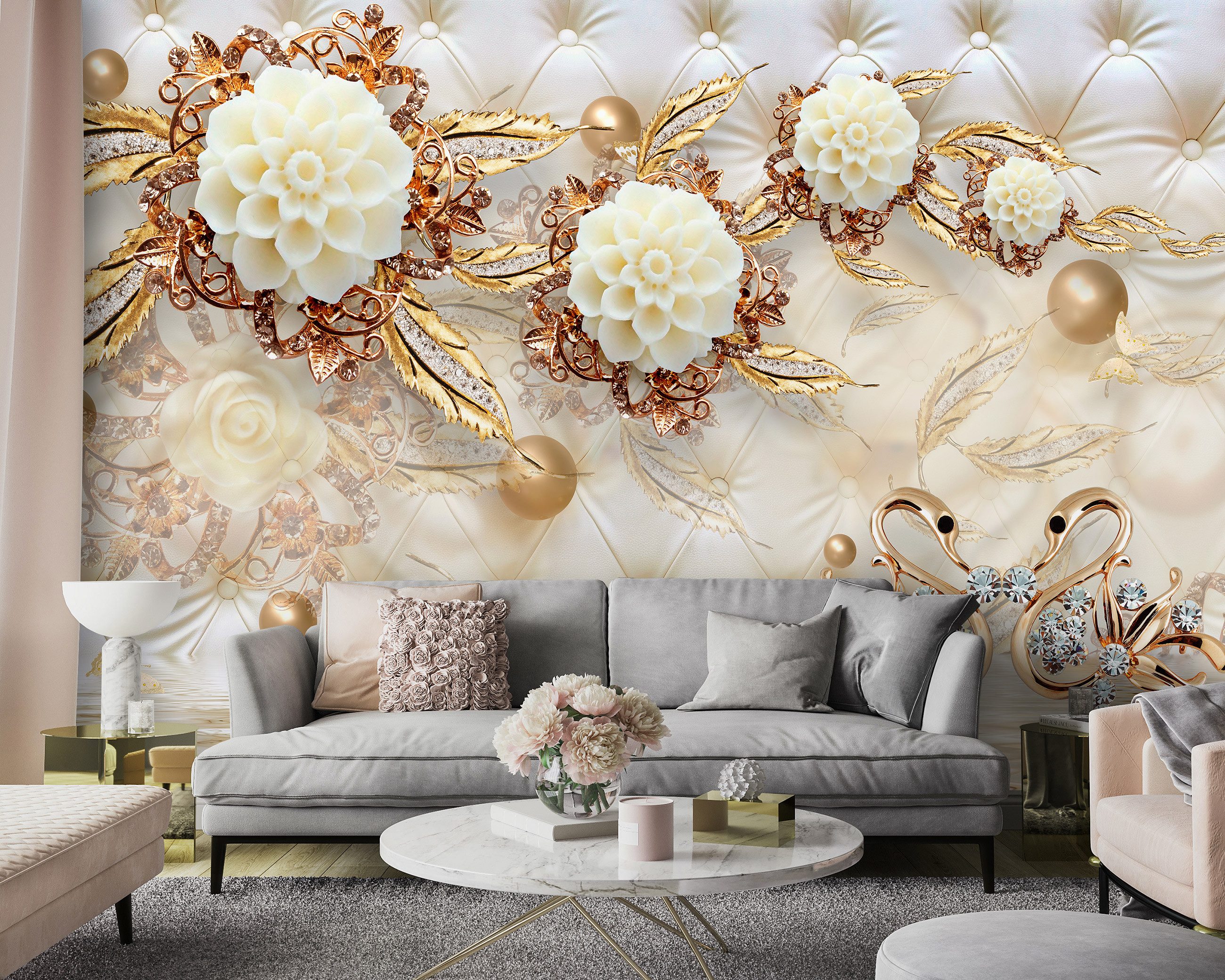 Wallarena Fototapete 3D EFFEKT Blumen Abstrakt Diamanten Moderne Wohnzimmer Schlafzimmer, Glatt, 3D-Optik, Tapete inklusive Kleister Vliestapete Motivtapete