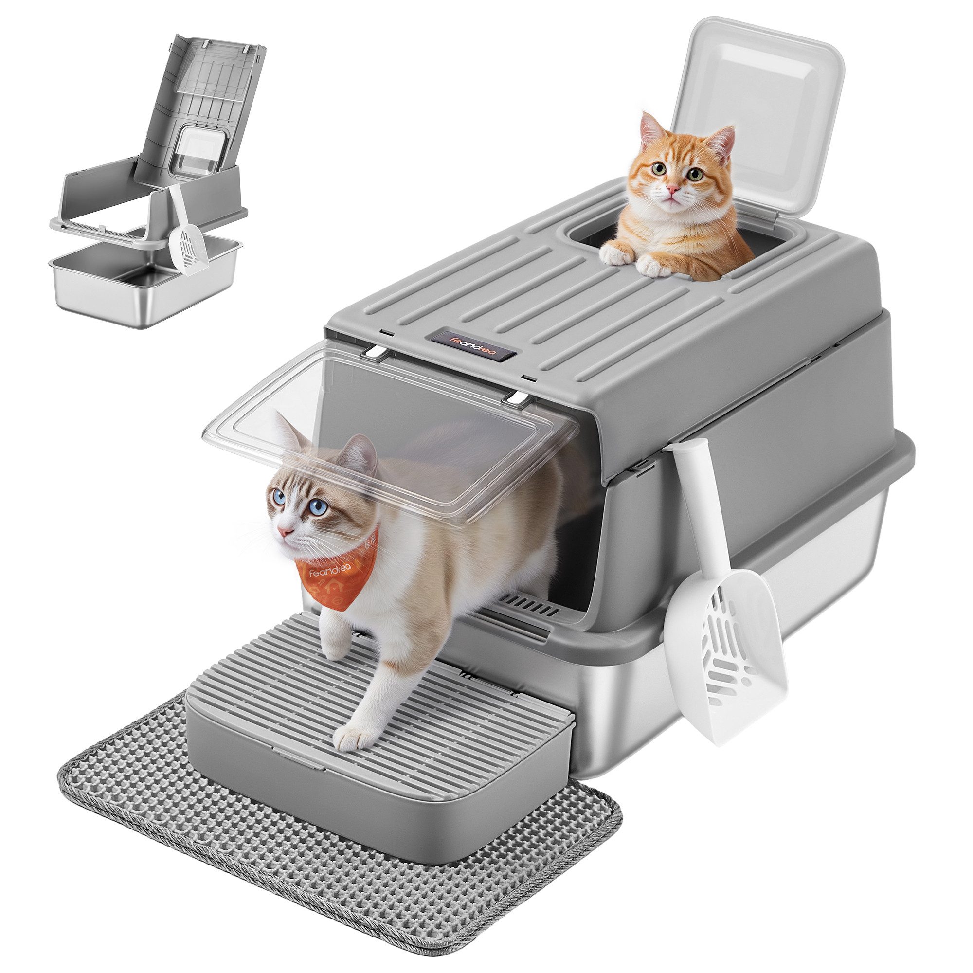 FEANDREA Katzentoilette Katzenklo Edelstahl, mit Deckel, mit Schaufel, Katzenstreumatte, 2 Eingängen, für Katzen bis 15 kg, 60 x 40 x 38 cm (L x B x H)