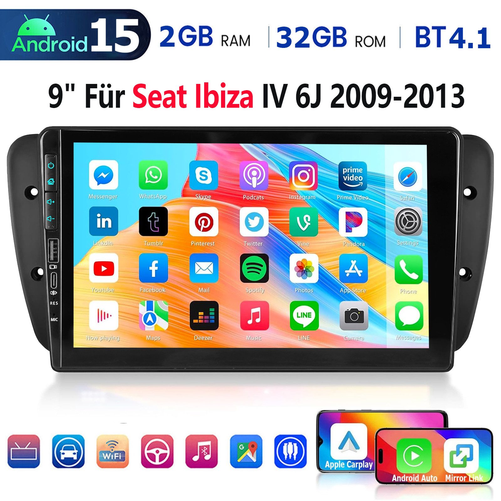 ESSGOO Android15 Für Seat Ibiza IV 6J 2009-2013 Carplay GPS Mit USB Type-C BT Autoradio (RDS, 4+64GB(optional), Digitalradio (DAB), DAB+ (optional), AM/FM, Carplay Android Auto Bluetooth EQ USB GPS Navi WIFI Touchscreen)
