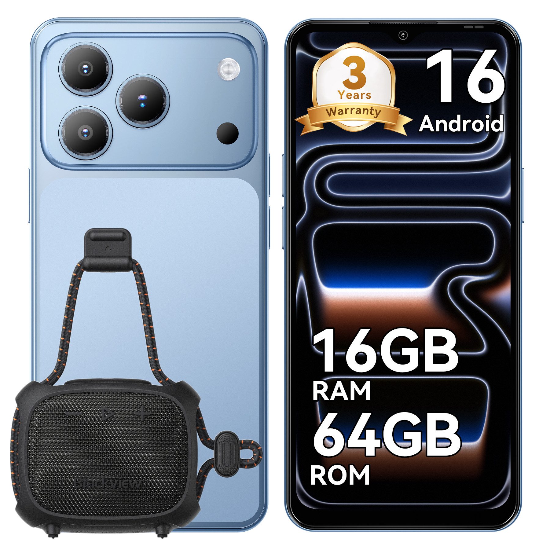 blackview A16 WAVE 7C (16+64/128GB) 60HZ 5000mAh und Bluetooth-Lautsprecher Smartphone (32 MP Kamera, 4G Dual SIM/Face ID/IP54/GPS/3 Jahre Garantie)