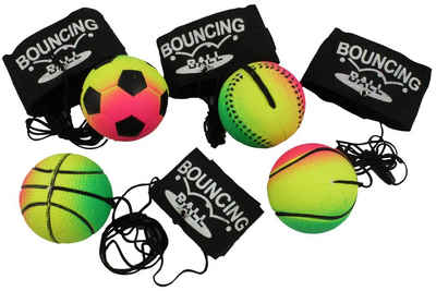 ELLUG Spielball 4er Set Neon-Springball/Returnball/Flummi, Armband & Schnur, Safety Clip, Fußball/Basketball/Tennisball/Baseball Ø6,3cm