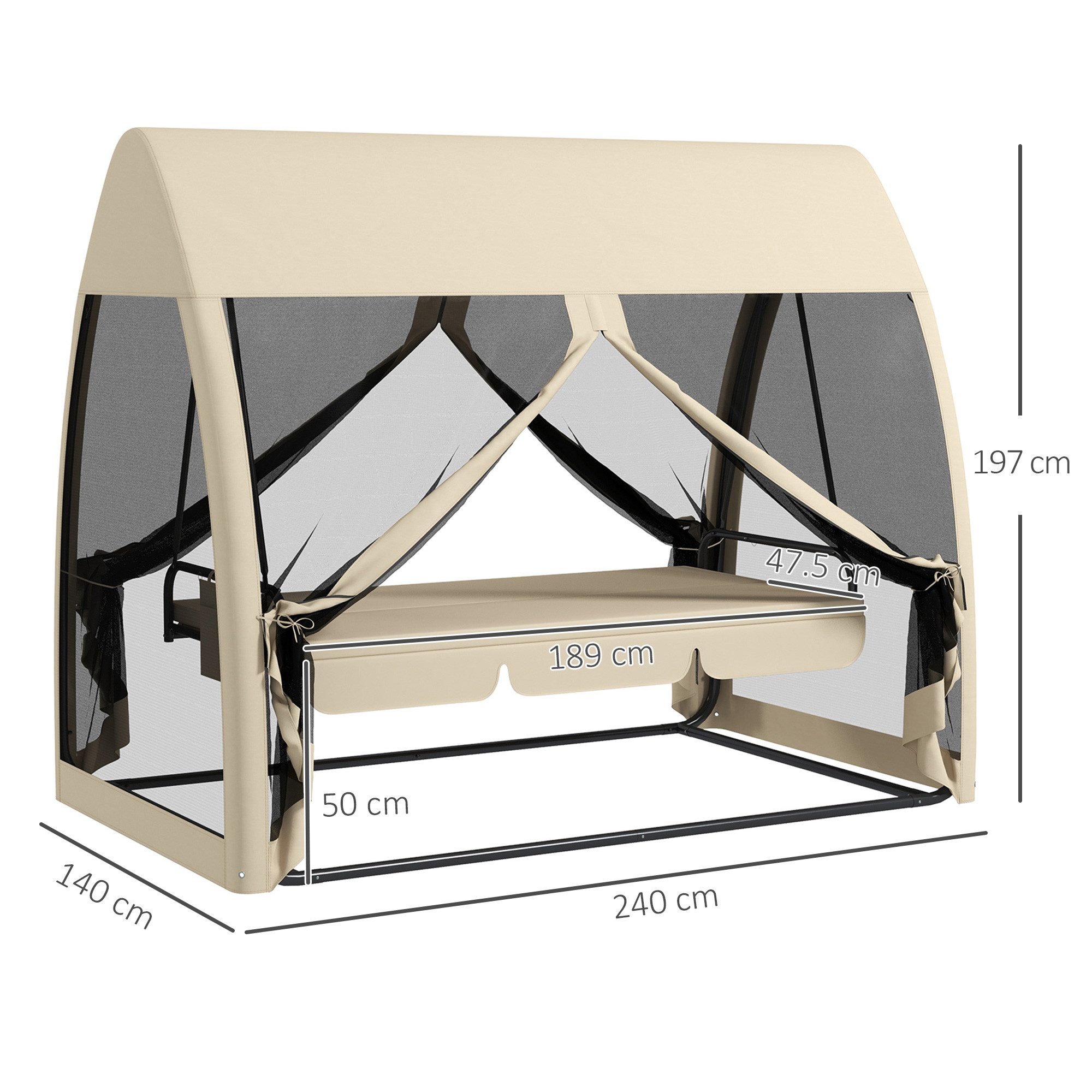 CHICFURN Hollywoodschaukel 2-in-1 Gartenschaukel 3-Sitzer mit Liegefunktion und Baldachin, 3,00-Sitzer, Packung, 1 tlg., Mit Mückennetz, belastbar bis 300 kg, Kaffee, 240 x 140 x 197 cm