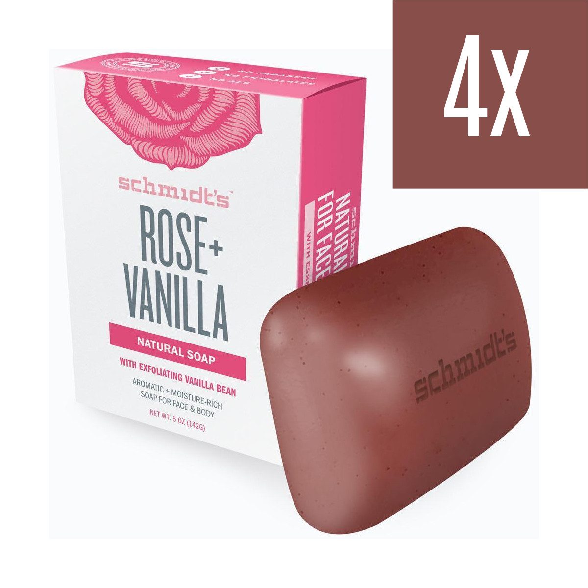 SCHMIDT'S Feste Duschseife Naturseife Rose + Vanilla für Körper und Gesicht 142gr., 4-tlg.
