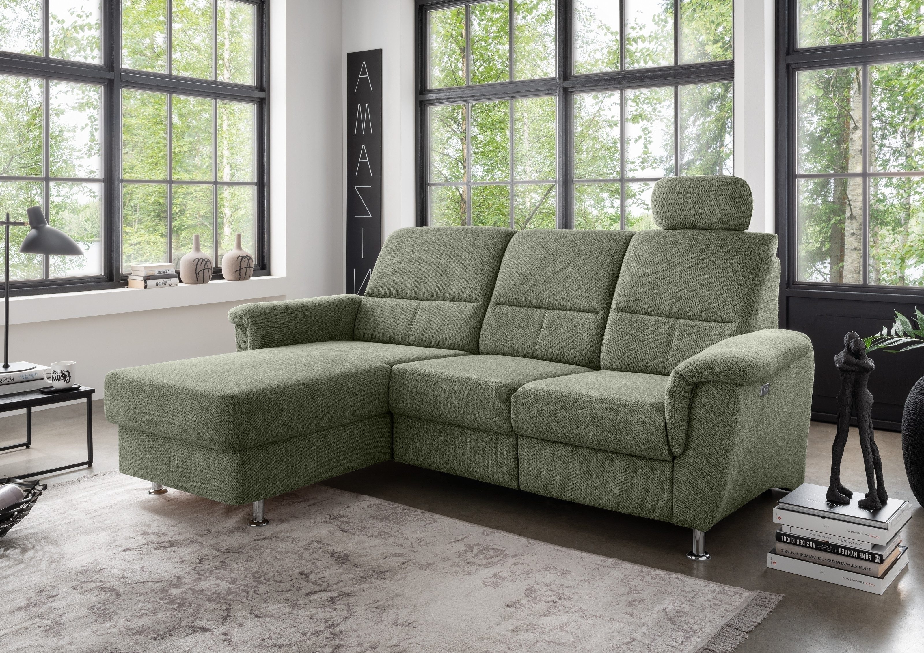 freiraum Ecksofa Ludwigshafen, Motor-funktion, Kopfstütze, Stauraum, moosgrün - 231x113x165 (BxHxT)