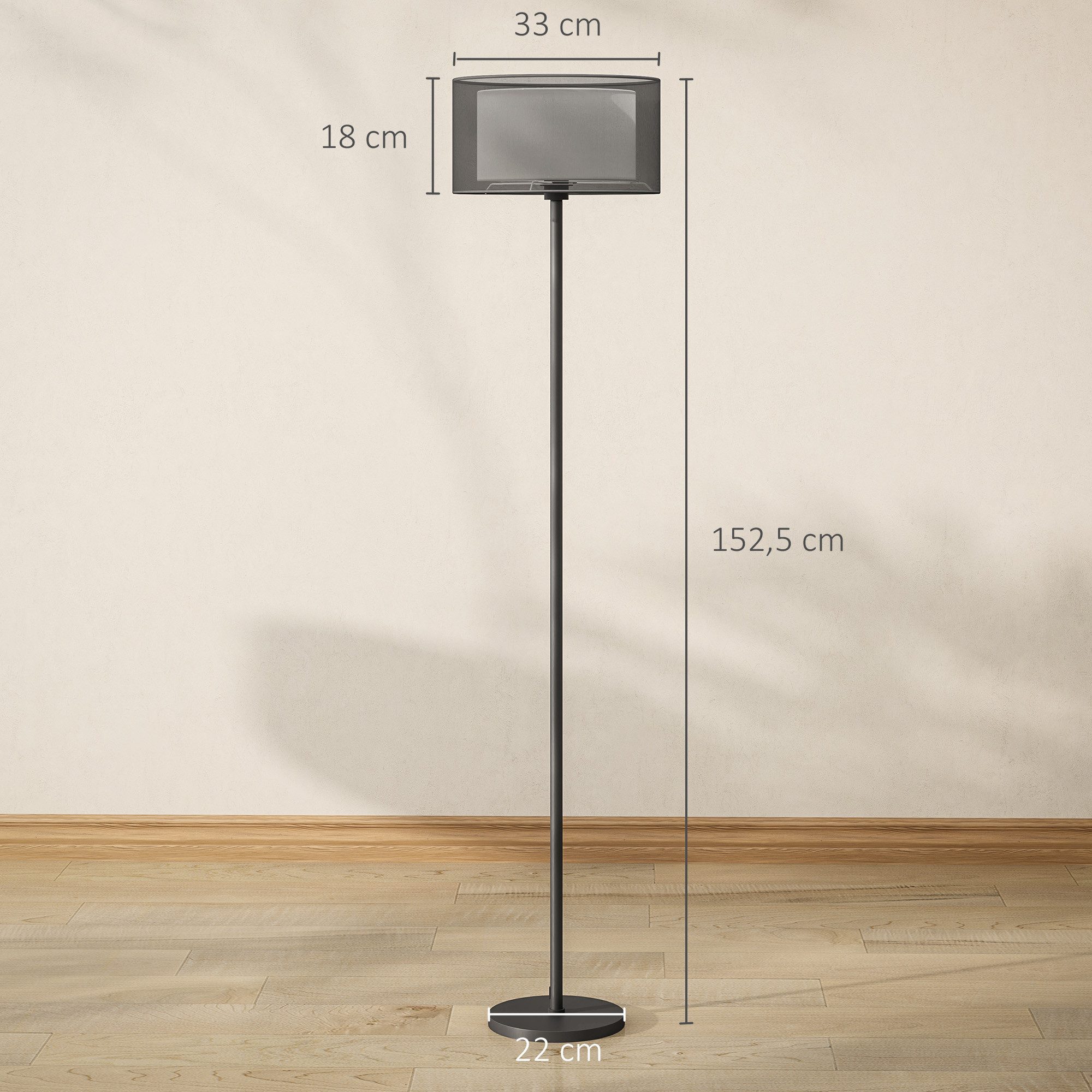HOMCOM Stehlampe moderne Lampe mit Stoffschirm, Fußschalter, ohne Leuchtmittel, für Schlafzimmer, Wohnzimmer, 33 x 33 x 152,5 cm