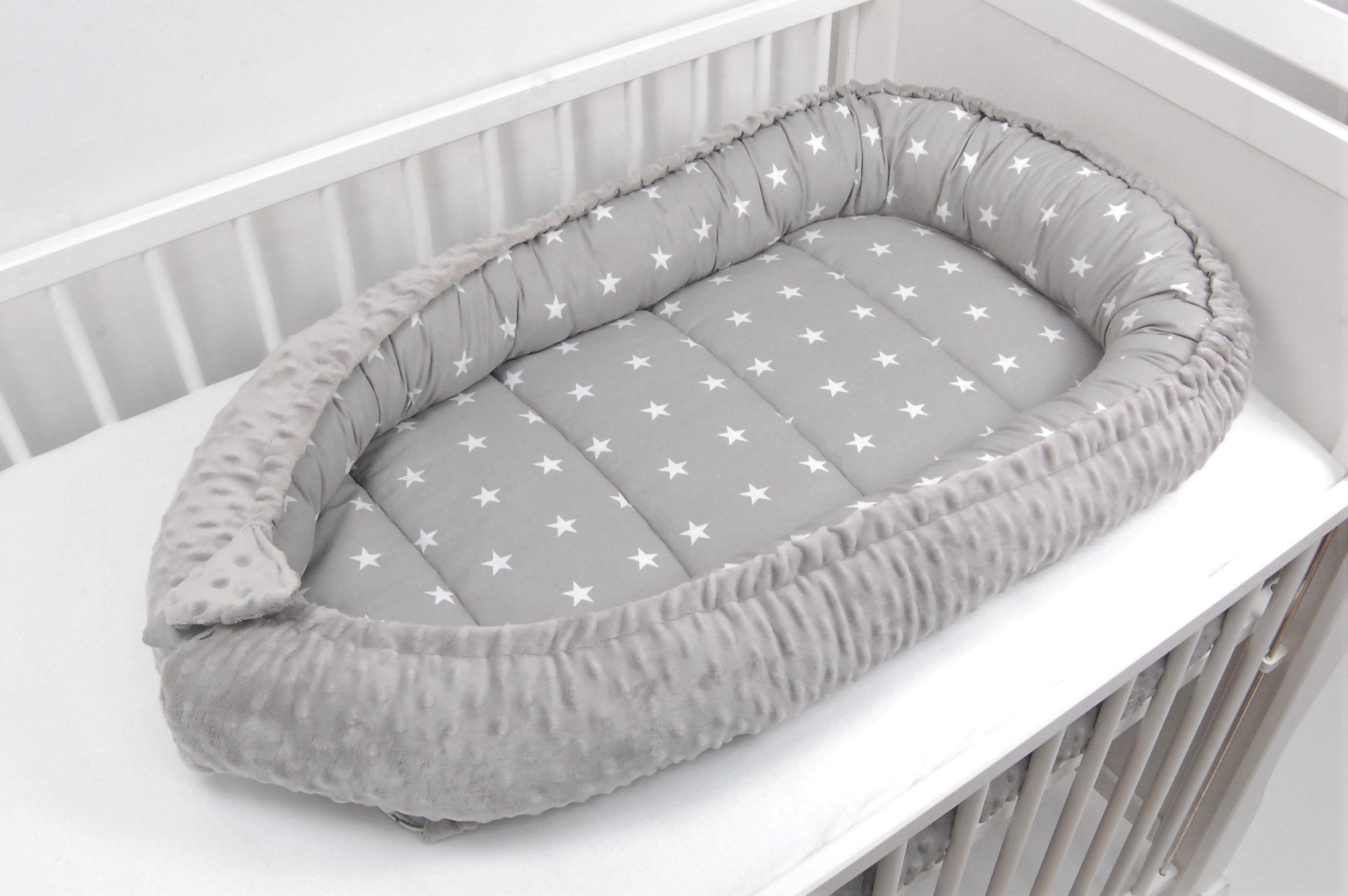 Loolay Bettnestchen MINKY/ Baumwolle BABYNEST Babykokon Geschenk Babyausstattung SETS, (MUSTER: Sterne GRAU/ MINKY Grau, SOLO oder im SETS, 1-tlg., PREMIUM BABY – Bild 5 von 5